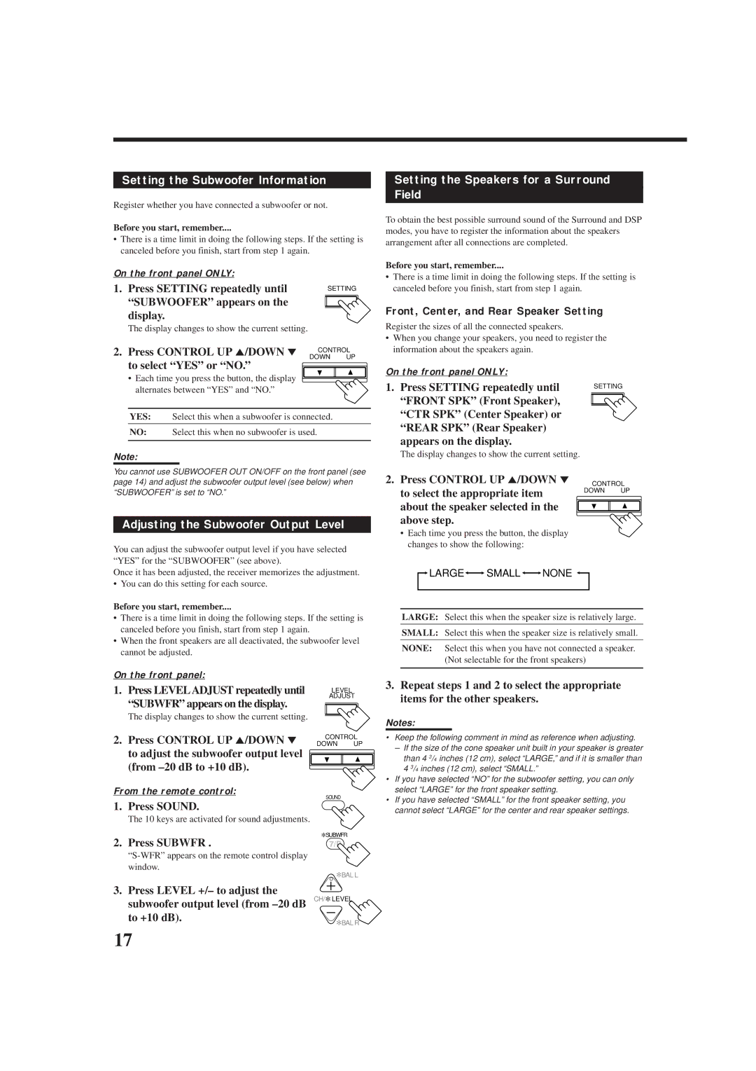 JVC rx-8010vbk manual Setting the Subwoofer Information, Adjusting the Subwoofer Output Level 