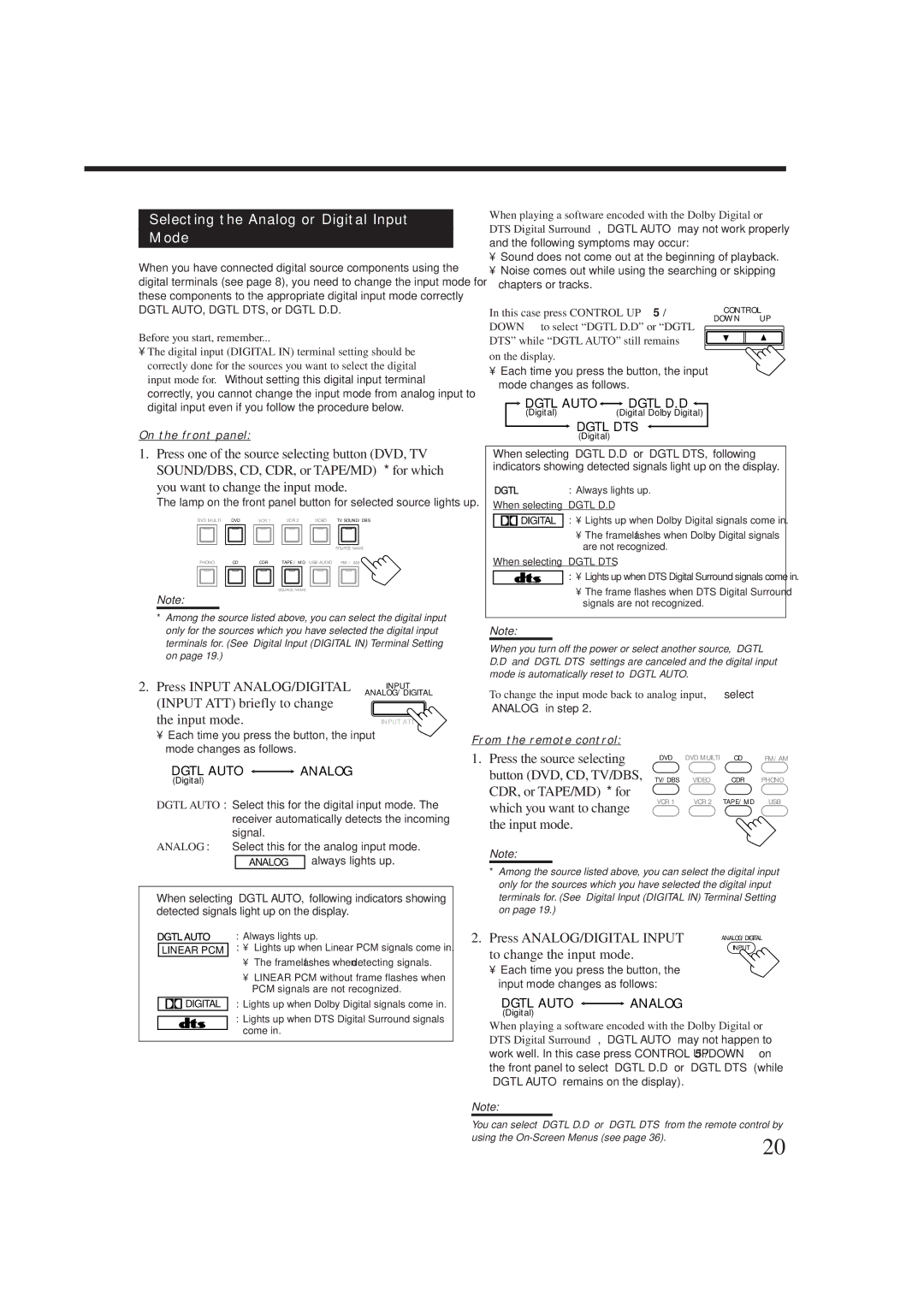 JVC rx-8010vbk manual Selecting the Analog or Digital Input Mode 