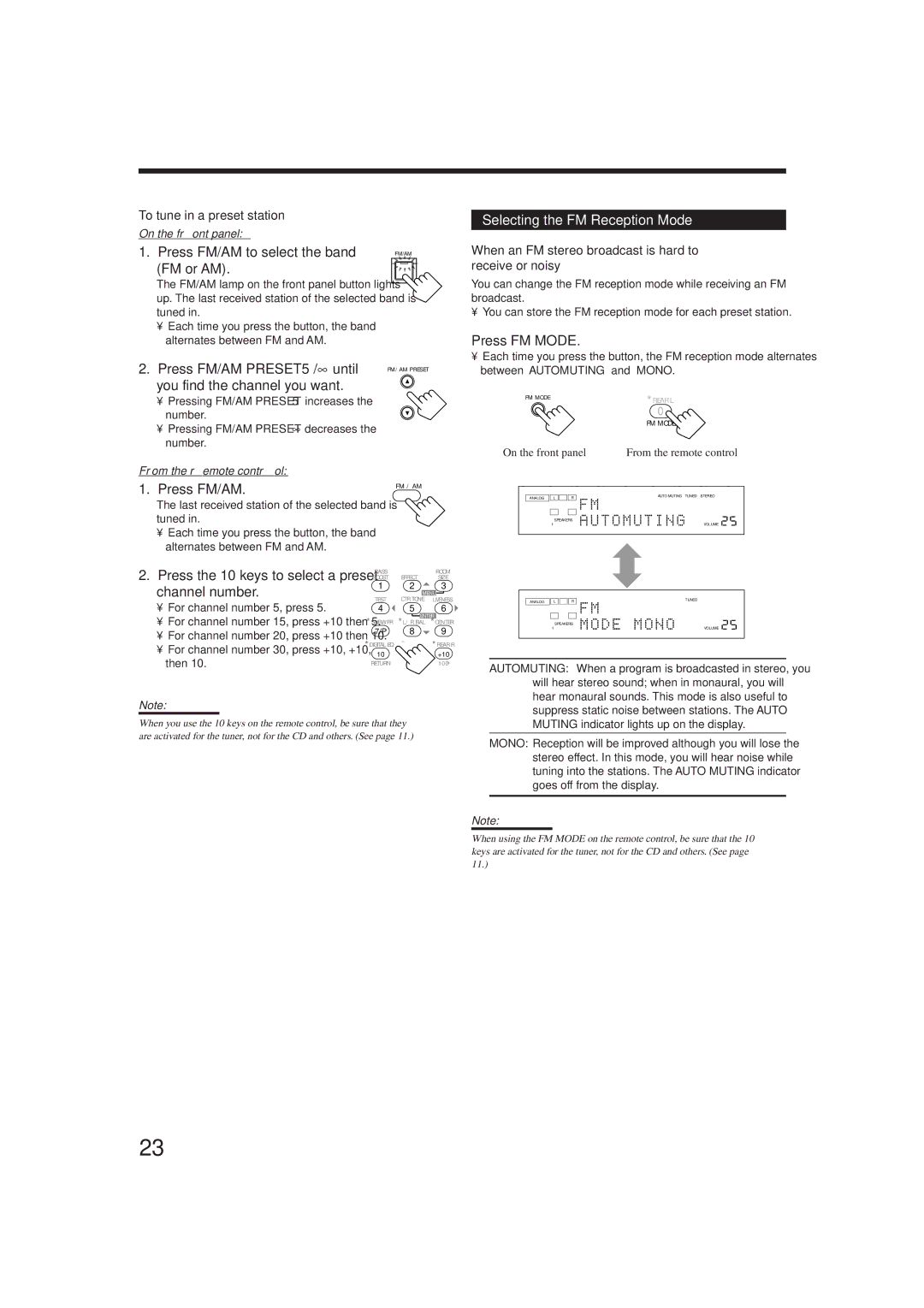 JVC rx-8010vbk manual Press FM/AM Preset 5/until, Selecting the FM Reception Mode, Press FM Mode, Channel number 