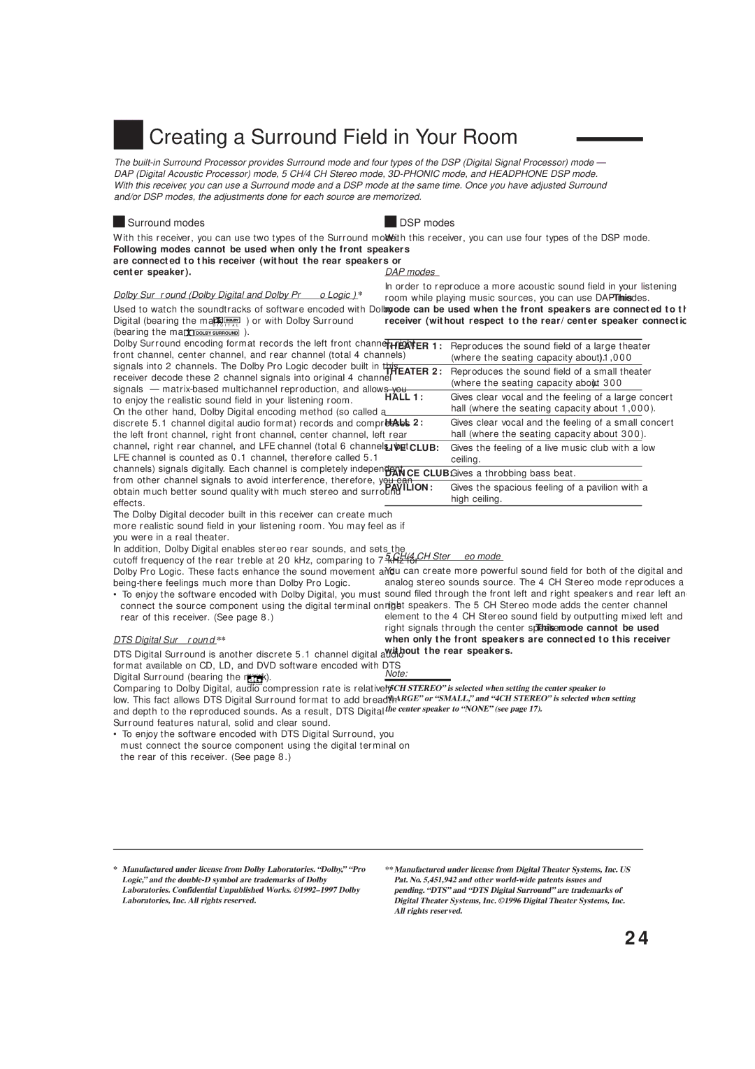 JVC rx-8010vbk manual Creating a Surround Field in Your Room, Surround modes, DSP modes 