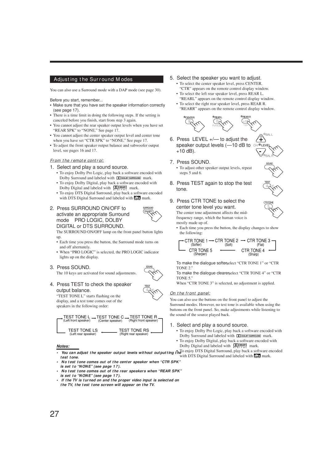 JVC rx-8010vbk manual Adjusting the Surround Modes 