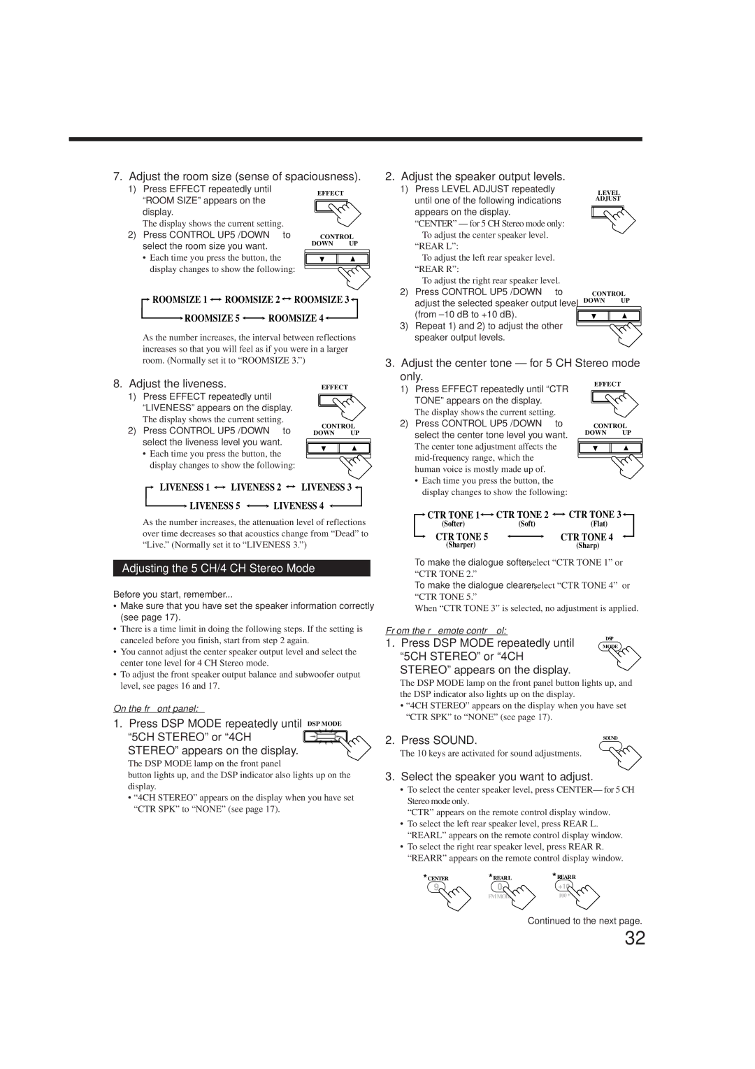 JVC rx-8010vbk manual Only, Adjusting the 5 CH/4 CH Stereo Mode, Press DSP Mode repeatedly until DSP Mode 