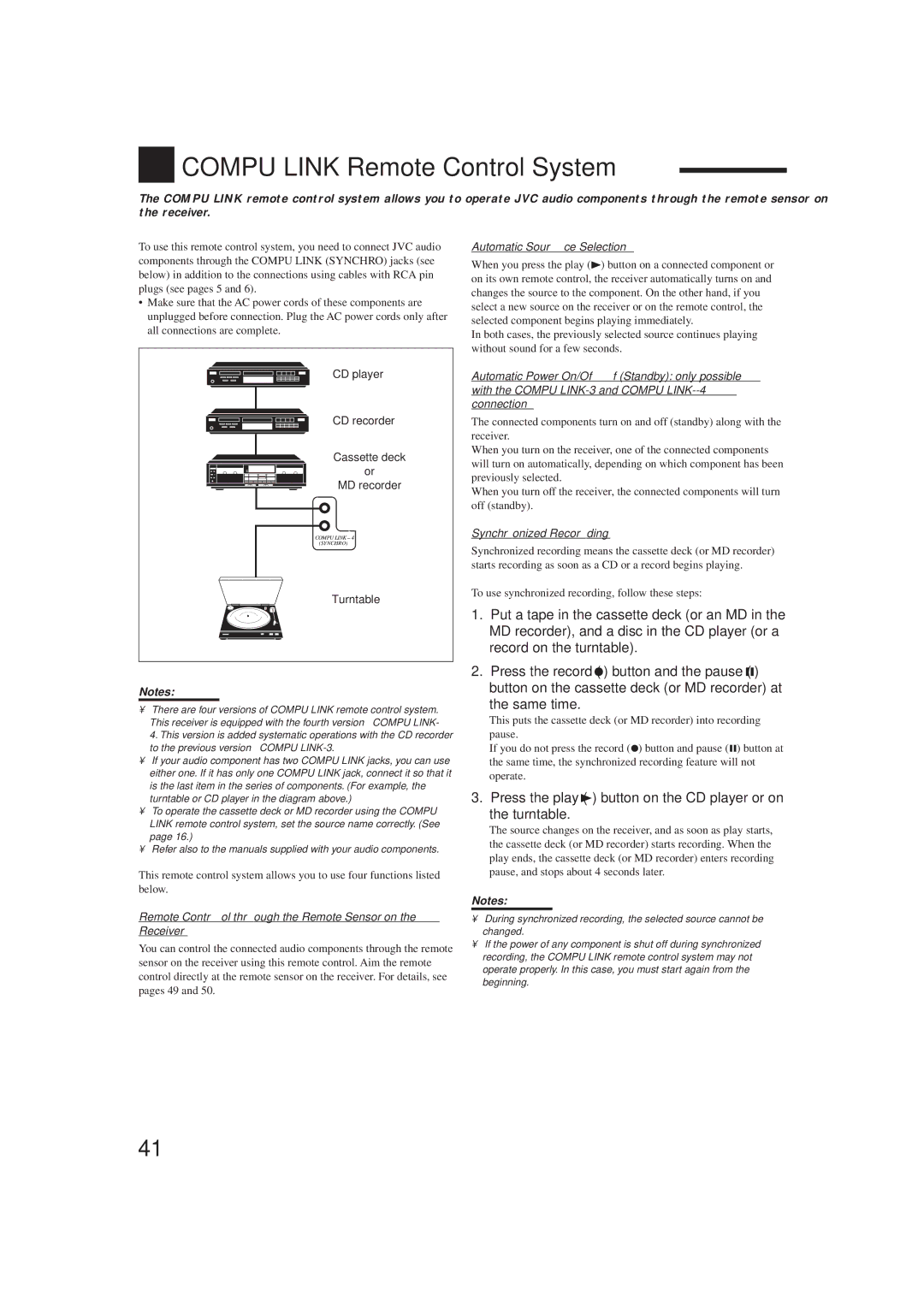 JVC rx-8010vbk manual Compu Link Remote Control System, Same time, Remote Control through the Remote Sensor on the Receiver 