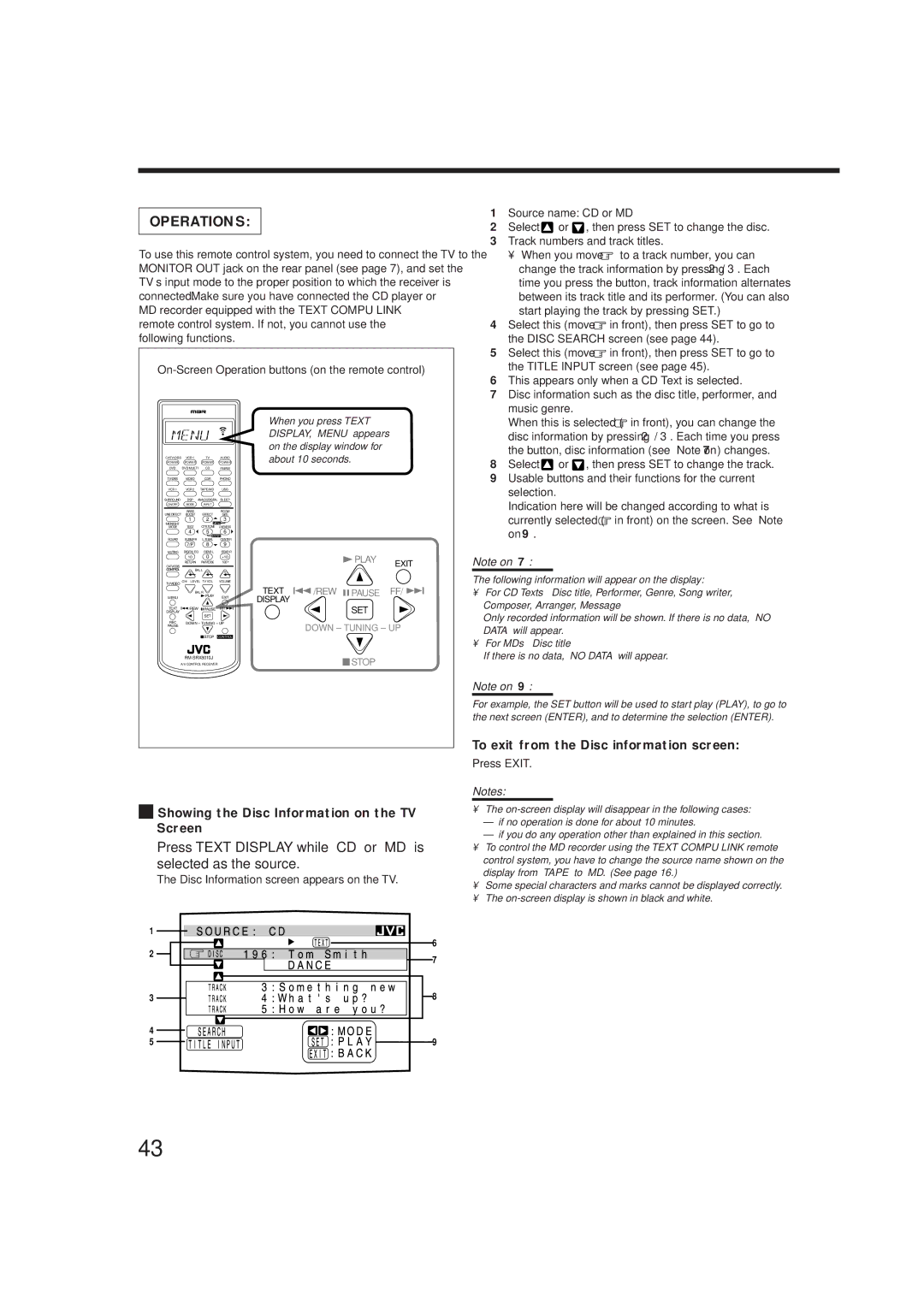 JVC rx-8010vbk Press Text Display while CD or MD is selected as the source, Showing the Disc Information on the TV Screen 