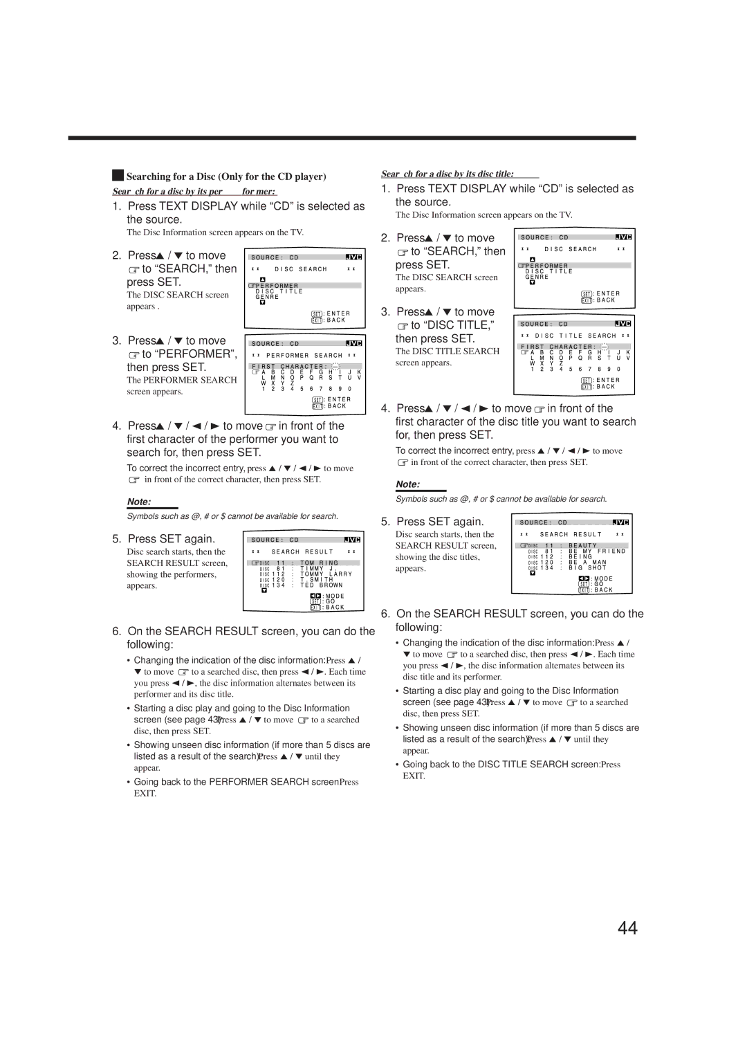 JVC rx-8010vbk manual Press Text Display while CD is selected as the source, Press 5 / to move to SEARCH, then Press SET 