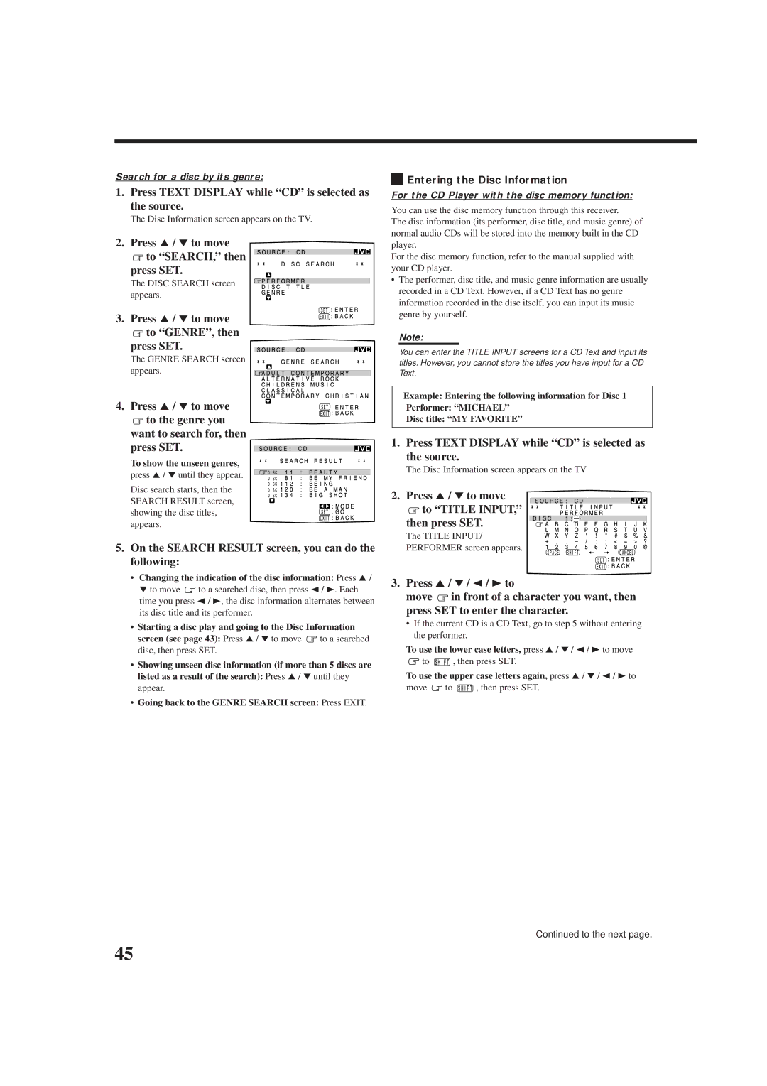 JVC rx-8010vbk manual Press 5/ to move to Title Input Then press SET, Entering the Disc Information 