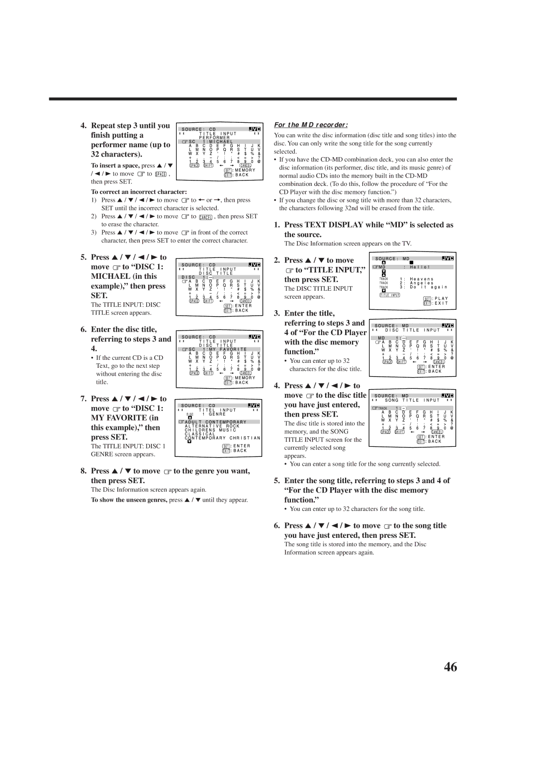 JVC rx-8010vbk manual Press 5/ / 2/ 3to, Press Text Display while MD is selected as the source, Press 5/ to move 