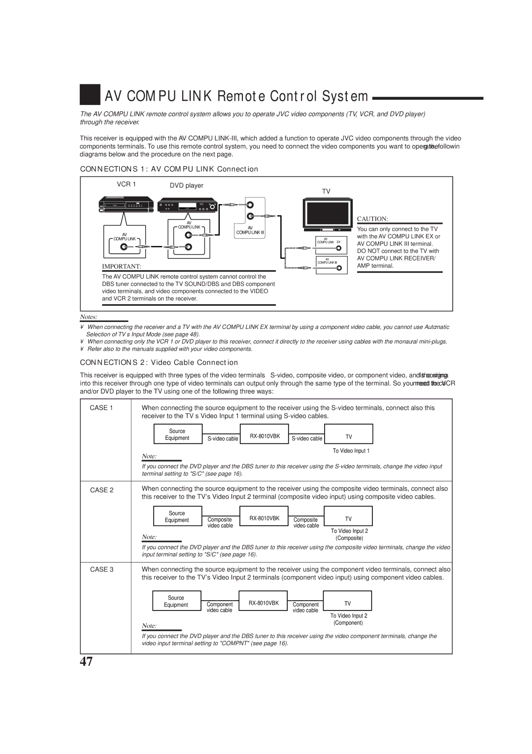 JVC rx-8010vbk manual AV Compu Link Remote Control System, Connections 1 AV Compu Link Connection, Vcr, Case 