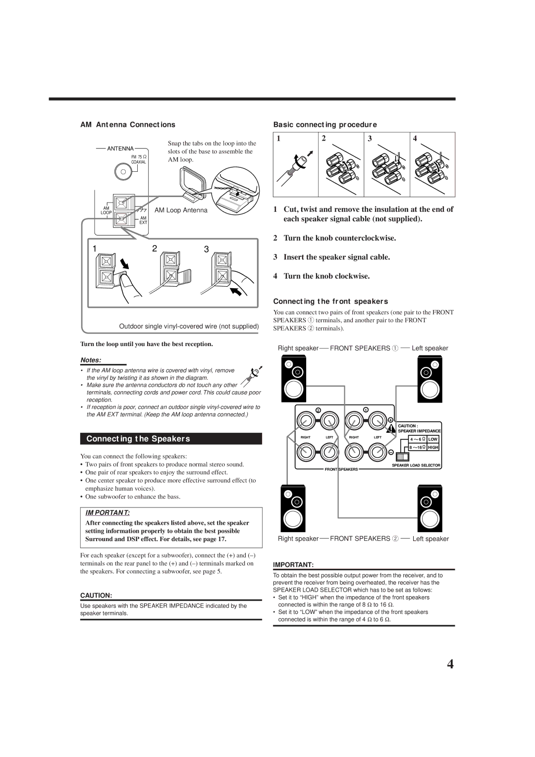 JVC rx-8010vbk Connecting the Speakers, AM Antenna Connections, Basic connecting procedure, Connecting the front speakers 