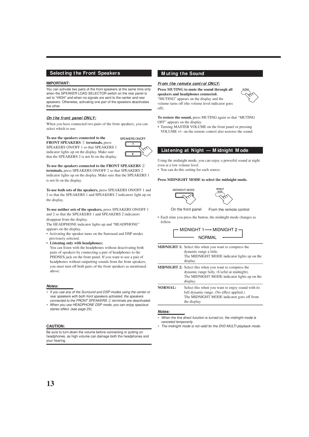 JVC rx-8010vbk Selecting the Front Speakers Muting the Sound, Listening at Night Midnight Mode, On the front panel only 