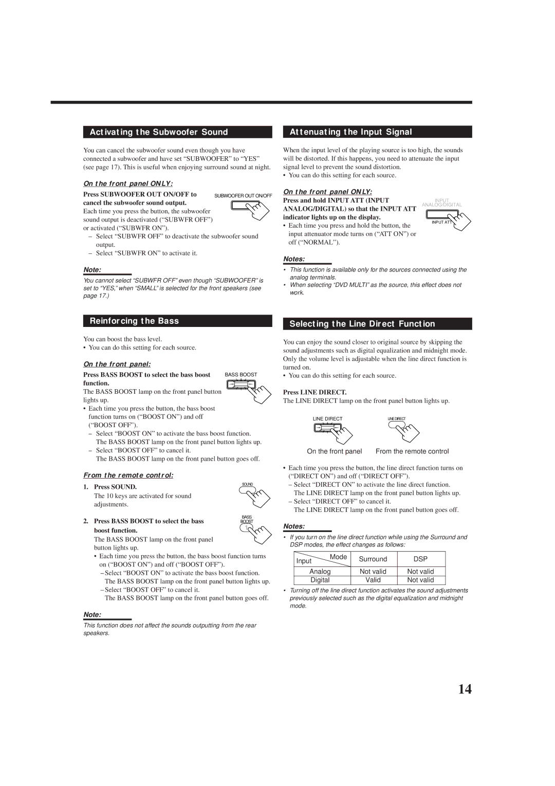 JVC rx-8010vbk manual Activating the Subwoofer Sound Attenuating the Input Signal, Reinforcing the Bass 