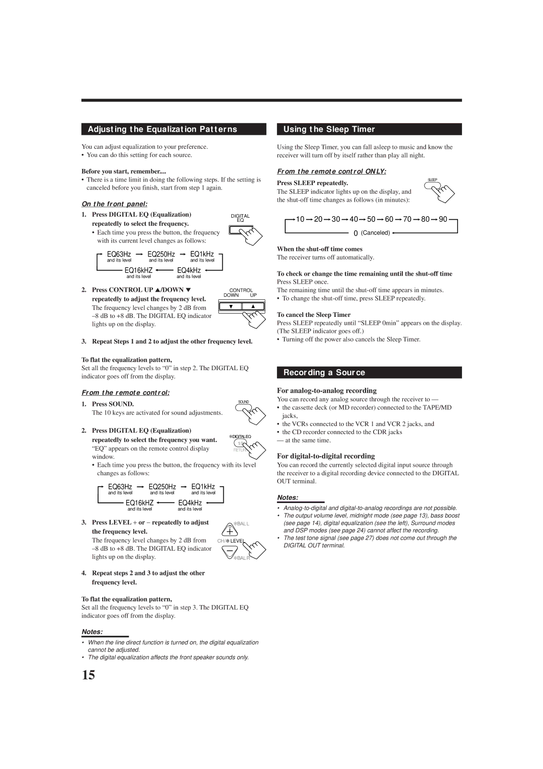 JVC rx-8010vbk manual Adjusting the Equalization Patterns, Using the Sleep Timer, Recording a Source 