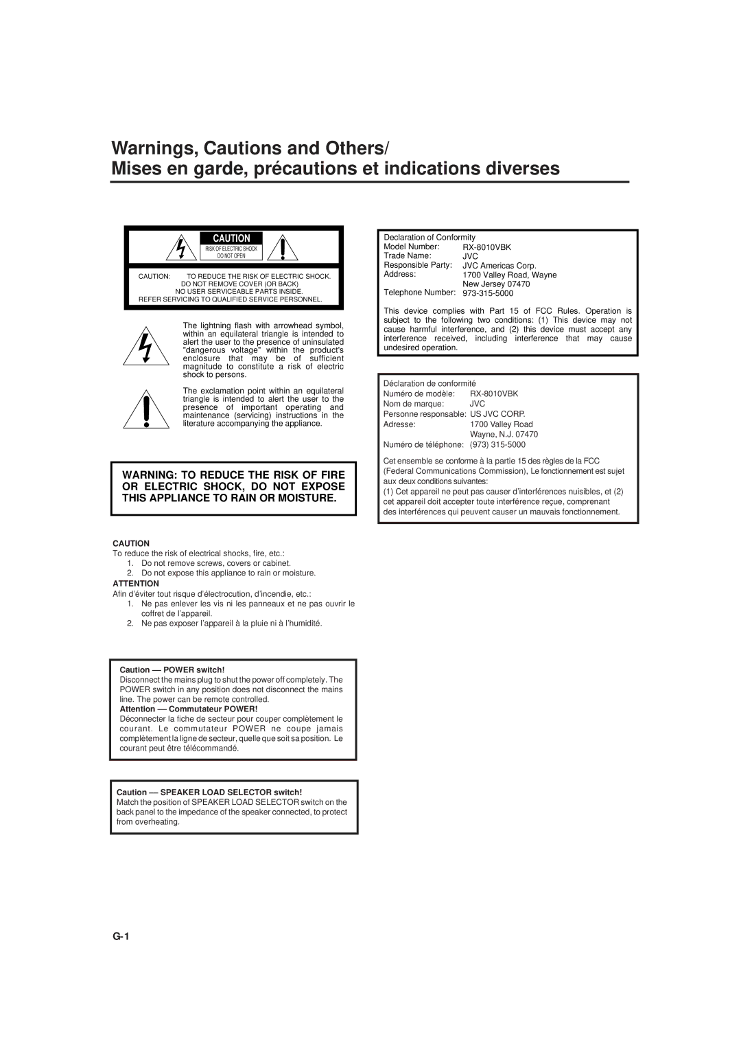 JVC rx-8010vbk manual Mises en garde, précautions et indications diverses 