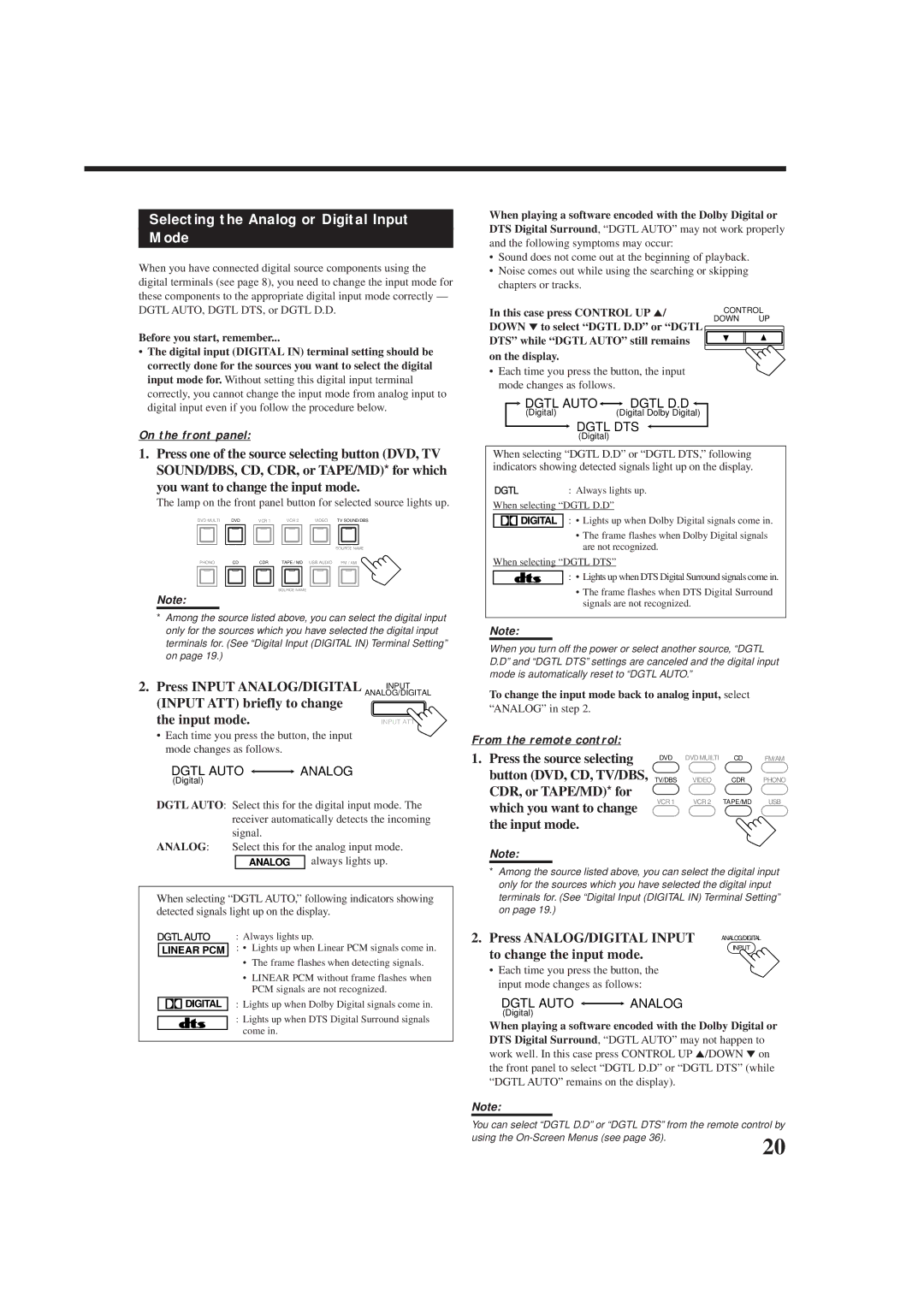 JVC rx-8010vbk manual Selecting the Analog or Digital Input Mode 