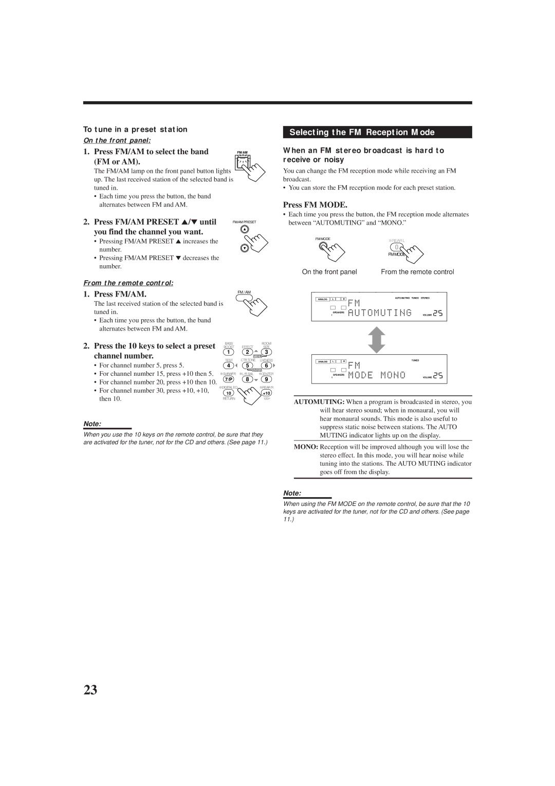 JVC rx-8010vbk manual Press FM/AM Preset 5/until, Selecting the FM Reception Mode, Press FM Mode, Channel number 