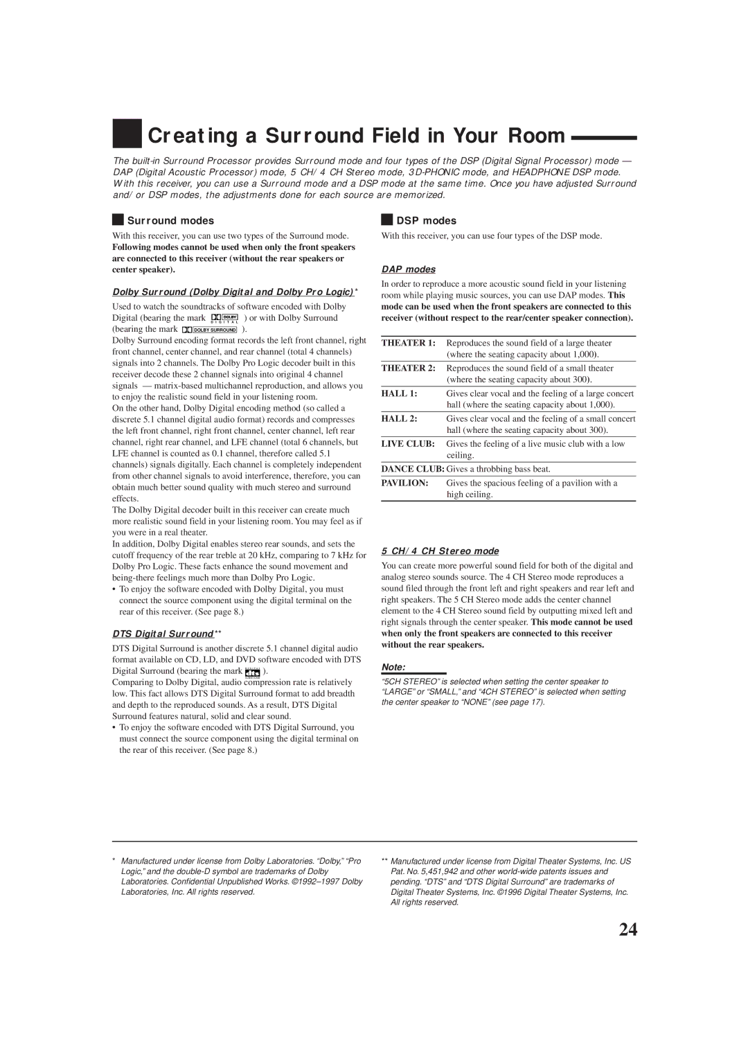 JVC rx-8010vbk manual Creating a Surround Field in Your Room, Surround modes, DSP modes 