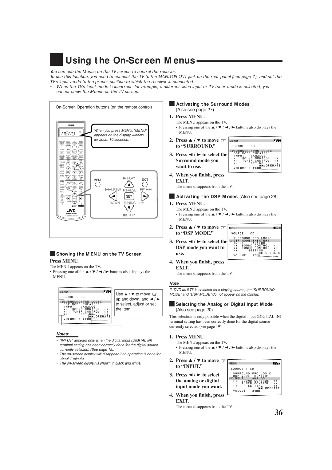 JVC rx-8010vbk manual Using the On-Screen Menus, Press Menu 