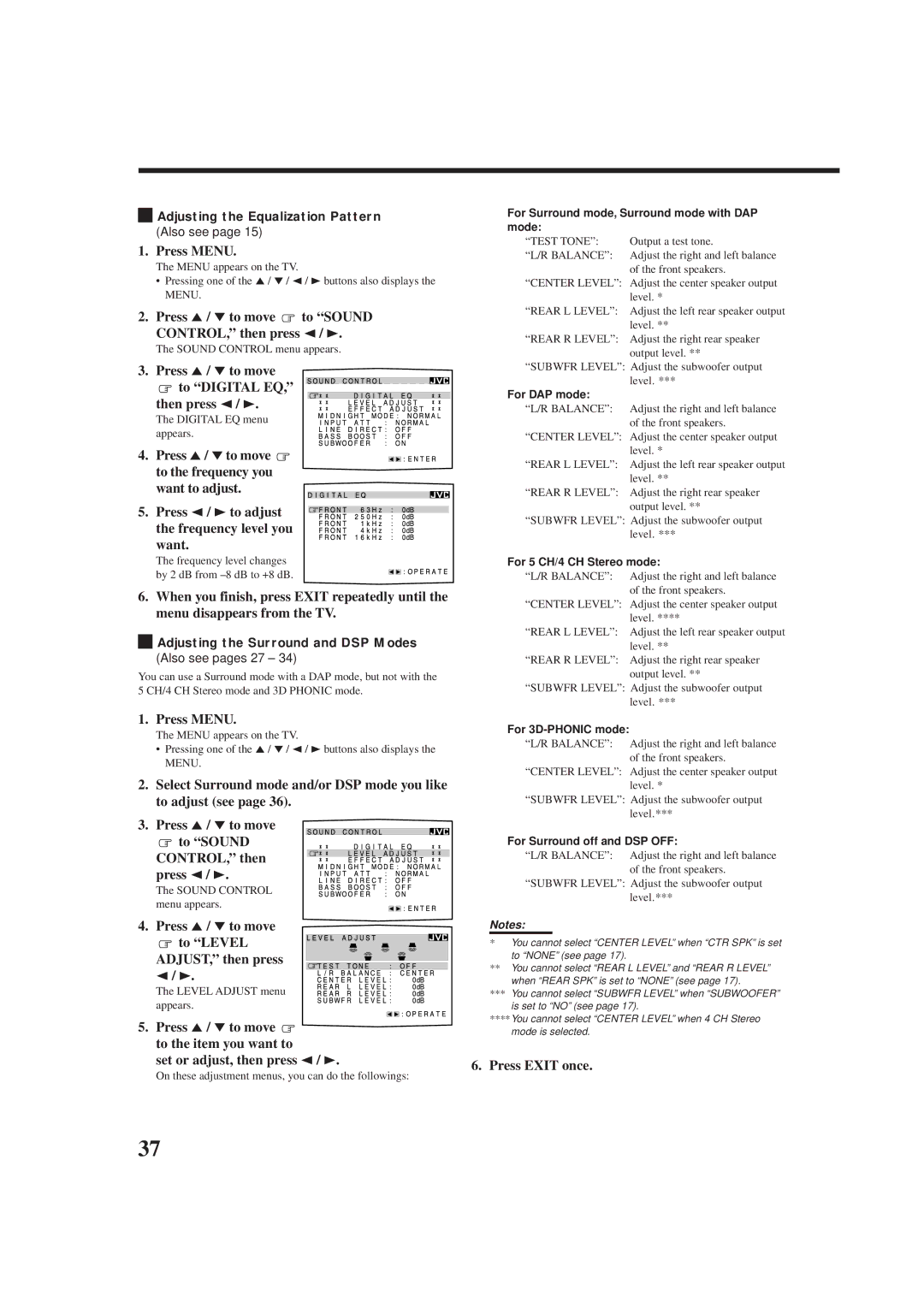 JVC rx-8010vbk manual Press 5 / to move to Sound CONTROL, then press 2, Press 5 / to move to Digital EQ, Then press 2 