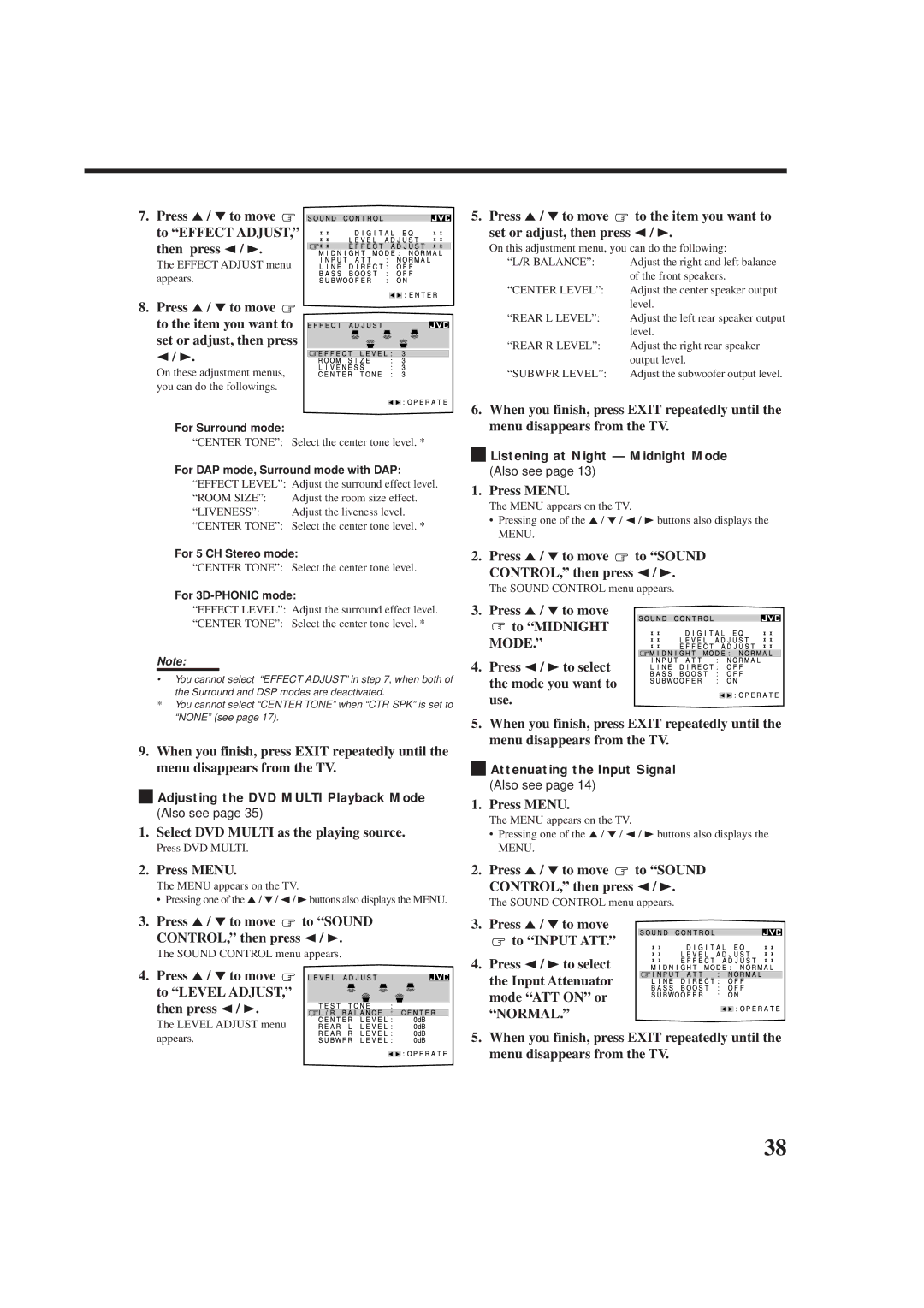 JVC rx-8010vbk manual Press 5/ to move to Effect ADJUST, then press 2, Select DVD Multi as the playing source 