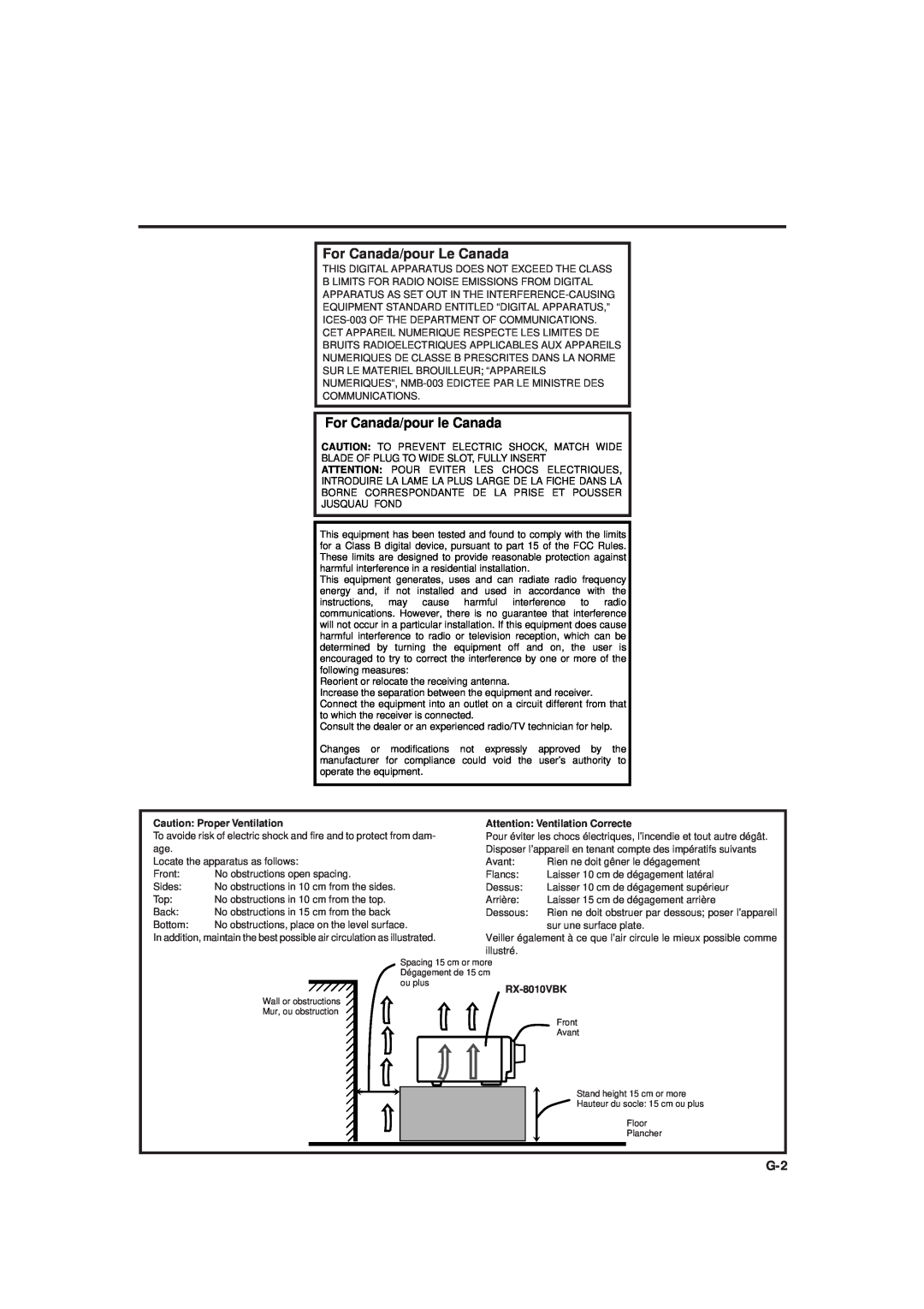 JVC rx-8010vbk manual For Canada/pour Le Canada, For Canada/pour le Canada, Caution Proper Ventilation, RX-8010VBK 