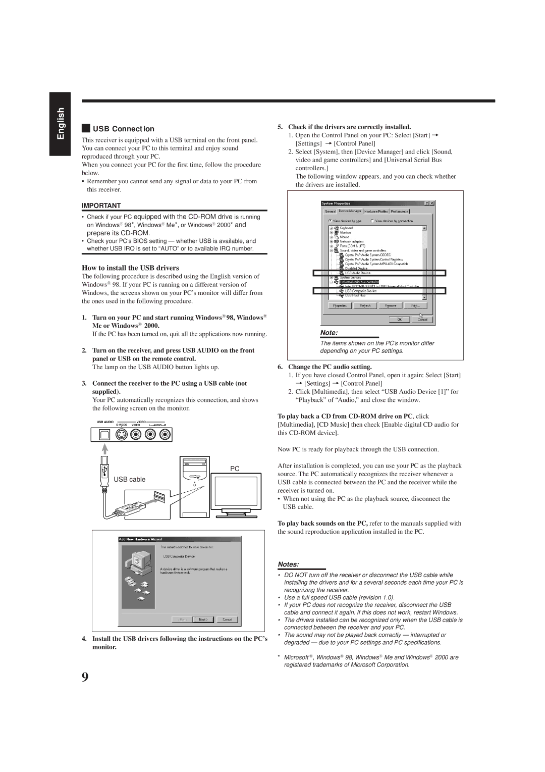 JVC RX-8012VSL manual USB Connection, Lamp on the USB Audio button lights up, USB cable, Change the PC audio setting 