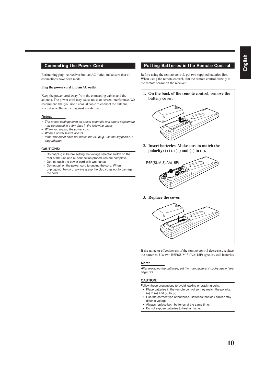 JVC RX-8012VSL manual Connecting the Power Cord, Putting Batteries in the Remote Control, Replace the cover, R6PSUM-3/AA15F 