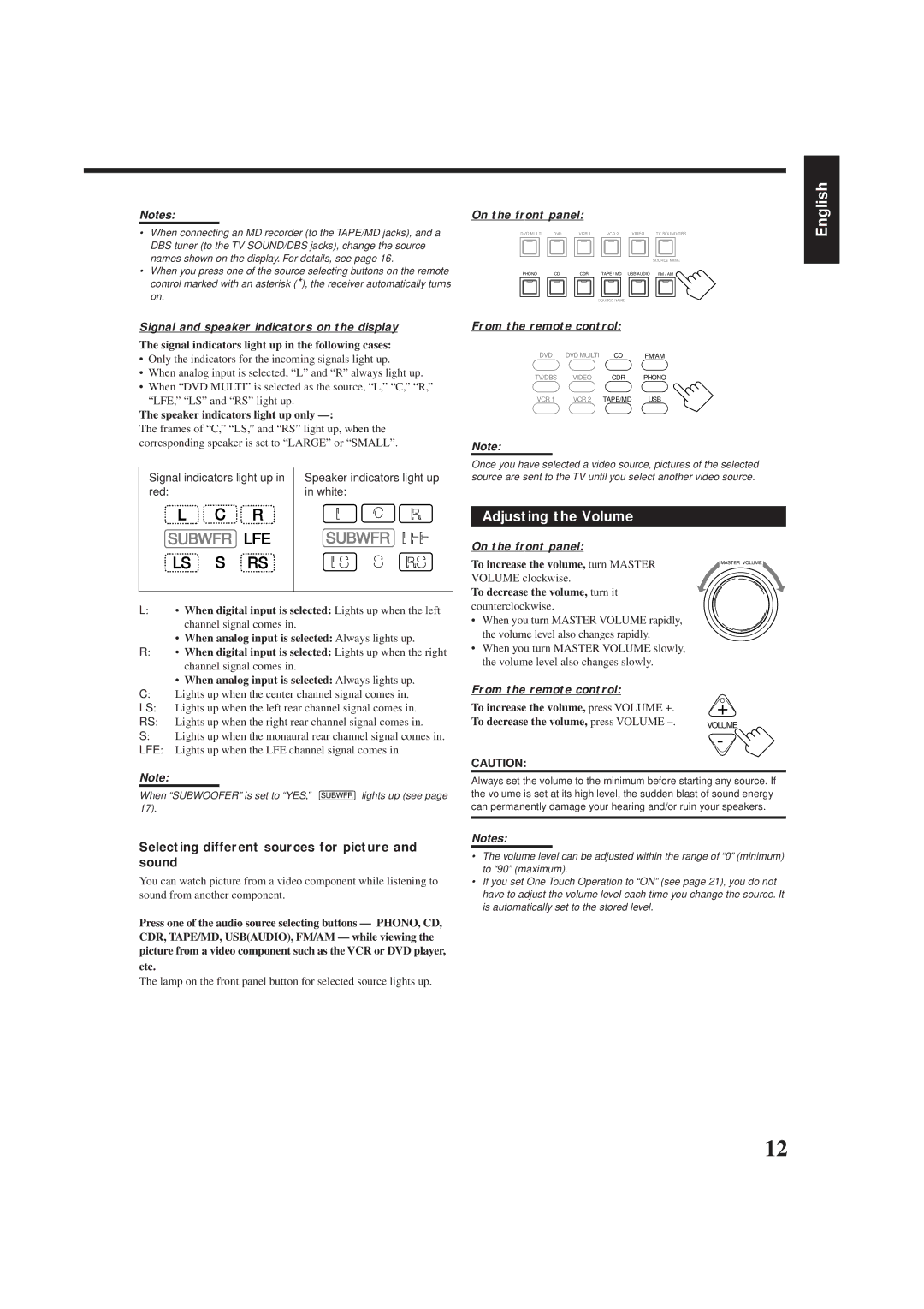 JVC RX-8012VSL manual Adjusting the Volume, Selecting different sources for picture and sound 