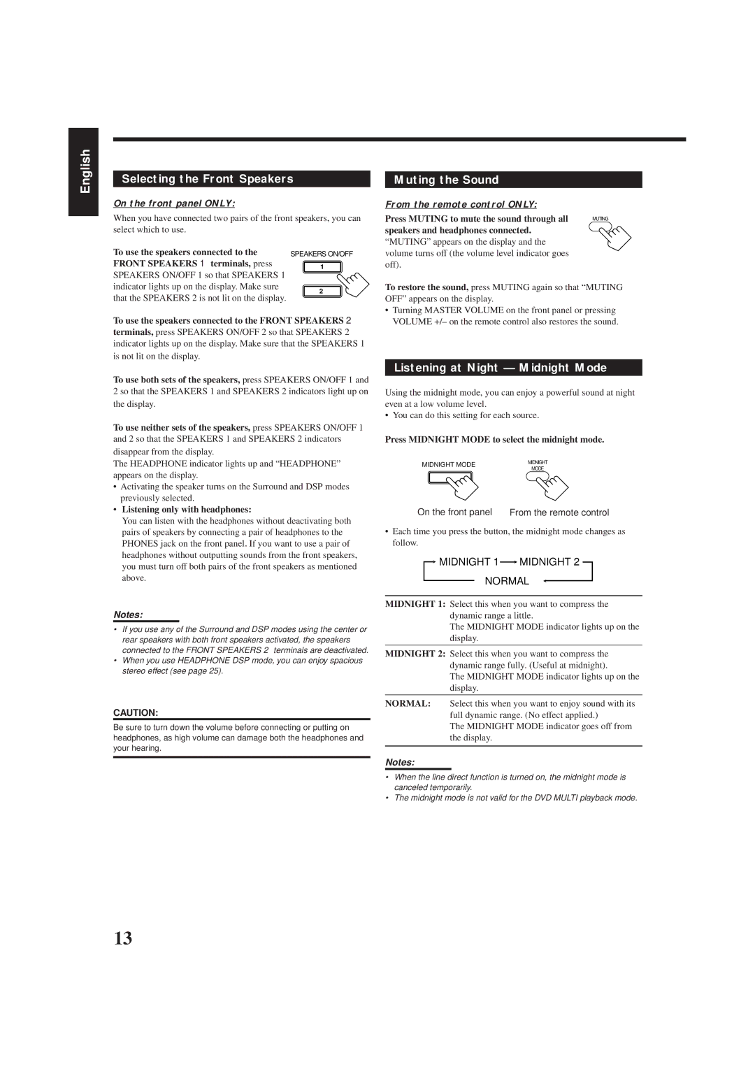 JVC RX-8012VSL manual Selecting the Front Speakers, Muting the Sound, Listening at Night Midnight Mode 