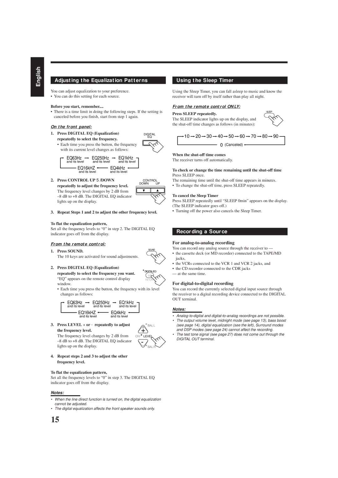 JVC RX-8012VSL manual Adjusting the Equalization Patterns, Using the Sleep Timer, Recording a Source 