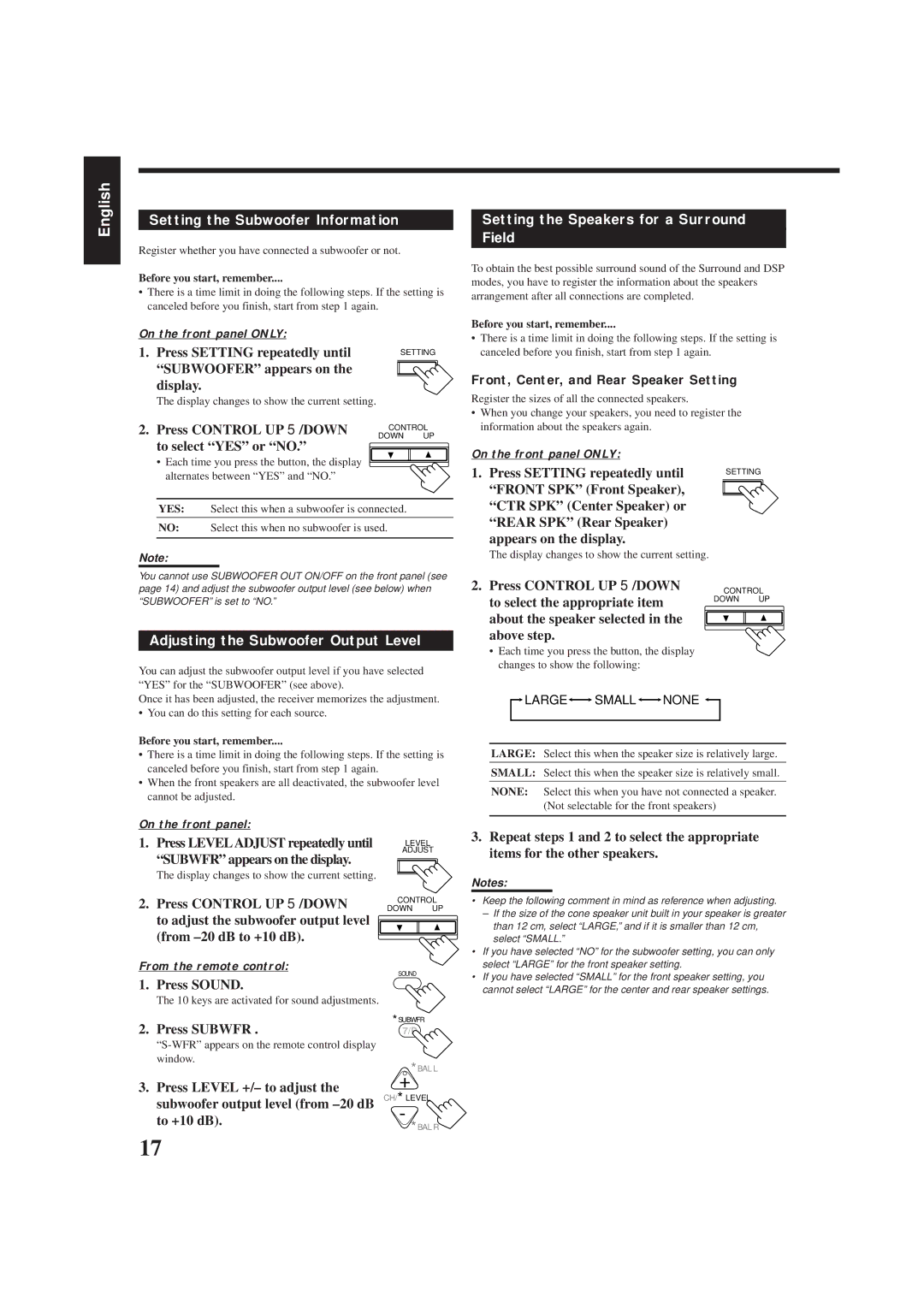 JVC RX-8012VSL manual Setting the Subwoofer Information, Adjusting the Subwoofer Output Level 