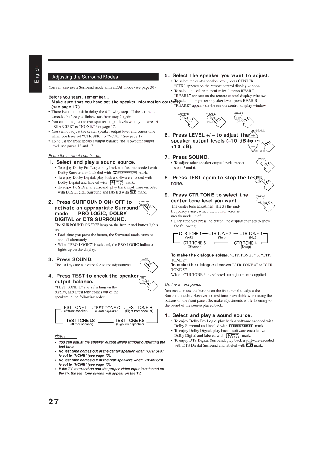 JVC RX-8012VSL manual Adjusting the Surround Modes 