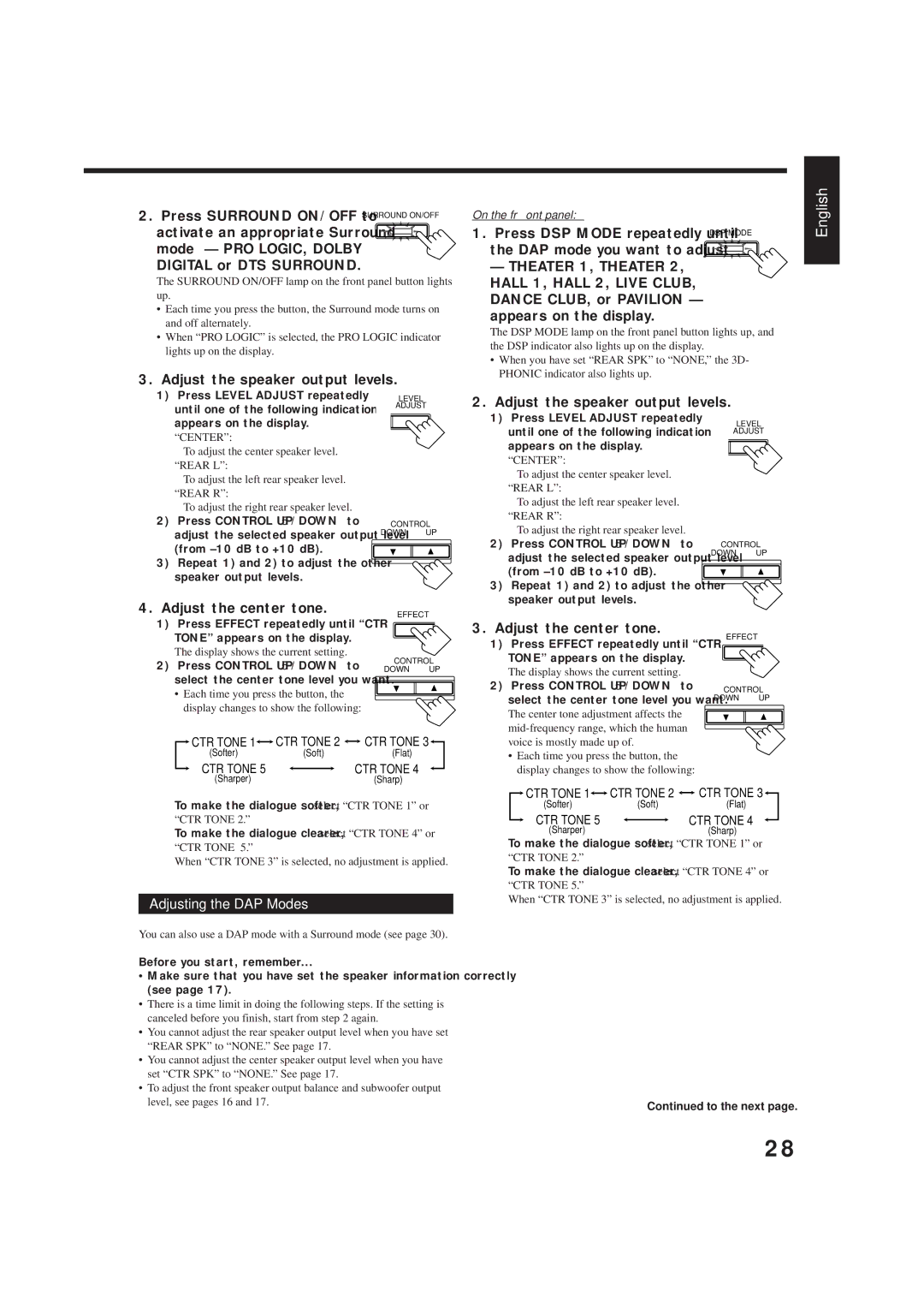 JVC RX-8012VSL manual Adjust the speaker output levels, Adjust the center tone, Adjusting the DAP Modes 