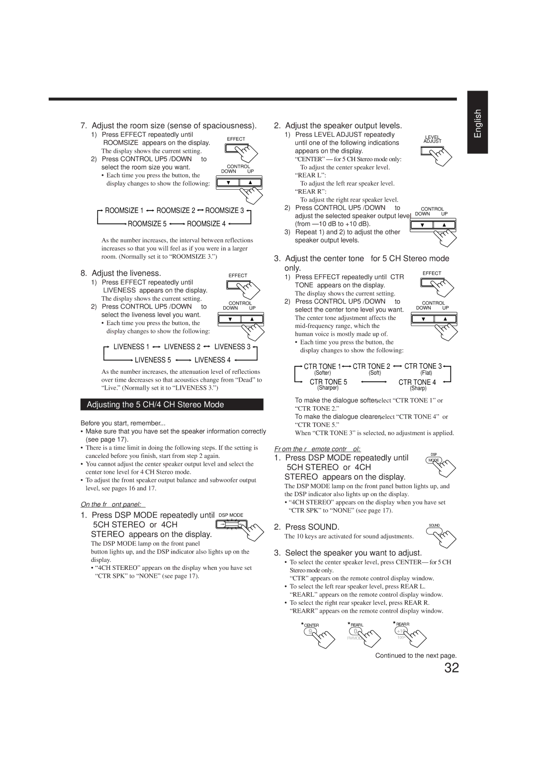 JVC RX-8012VSL manual Only, Adjusting the 5 CH/4 CH Stereo Mode, Press DSP Mode repeatedly until DSP Mode 