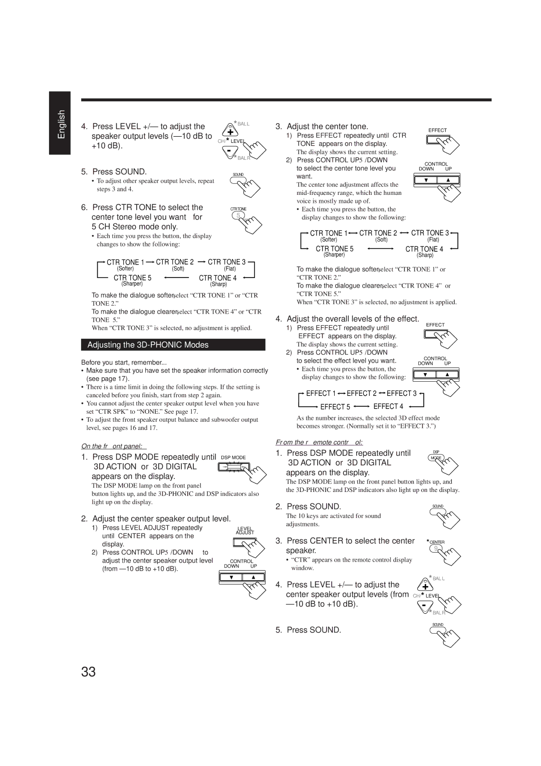 JVC RX-8012VSL manual Adjusting the 3D-PHONIC Modes 