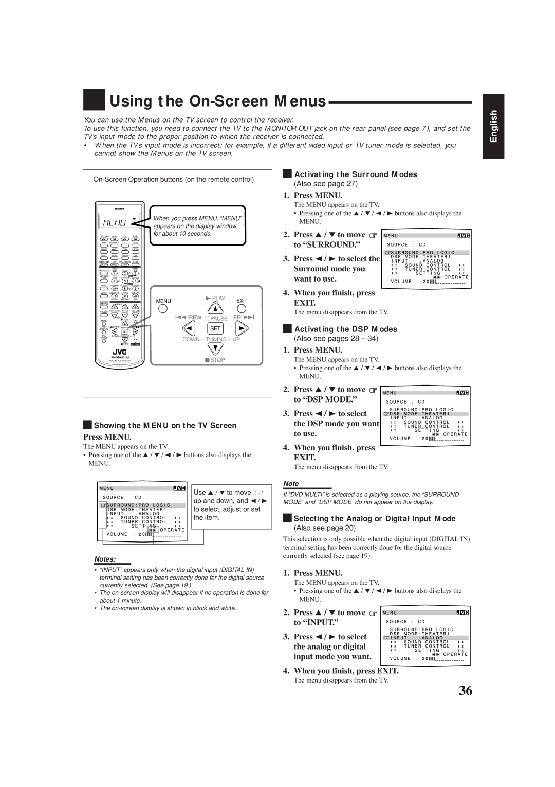 JVC RX-8012VSL manual Using the On-Screen Menus, Press Menu 