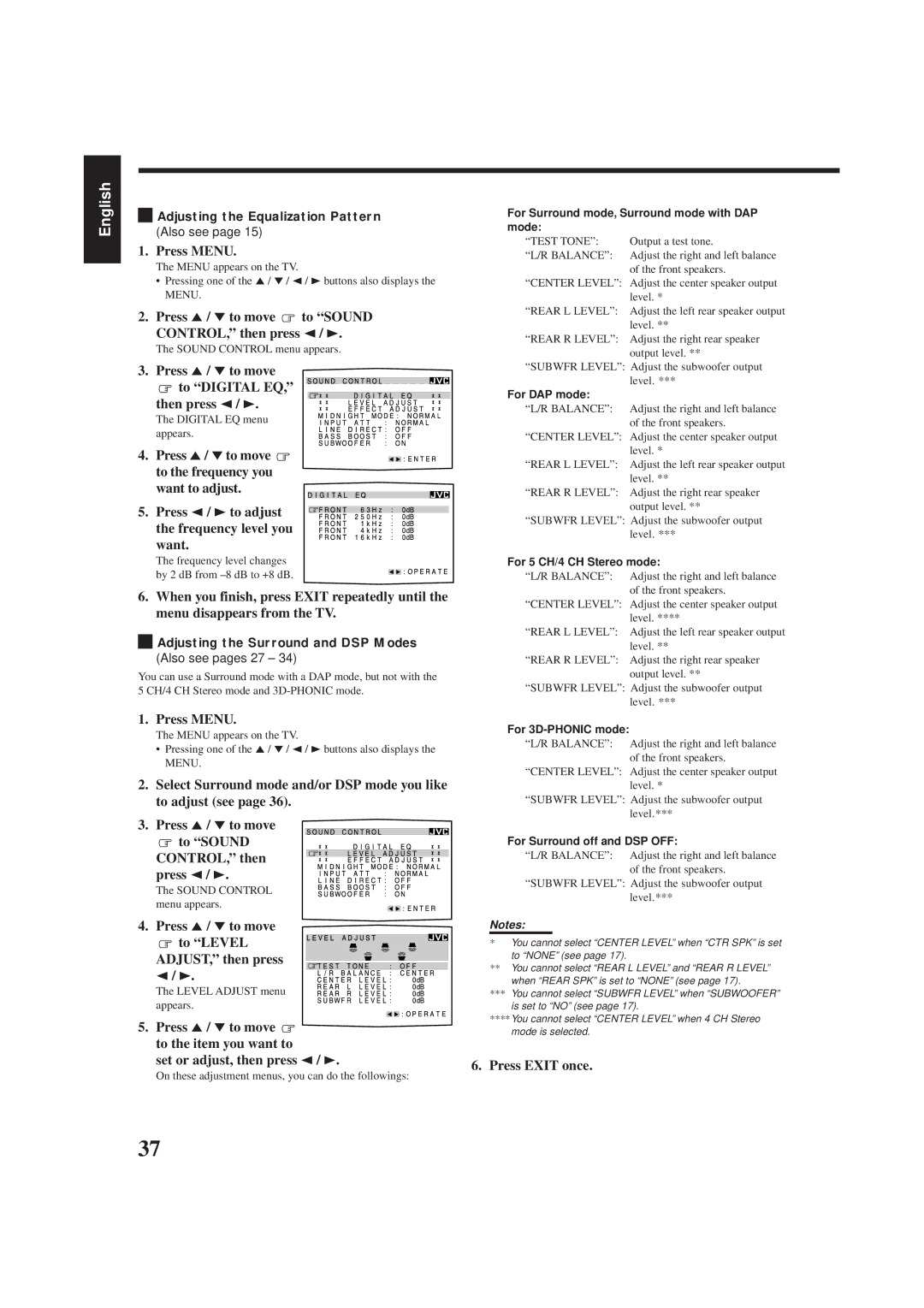 JVC RX-8012VSL manual Press 5 / to move to Sound CONTROL, then press 2, Press 5 / to move to Digital EQ, Then press 2 