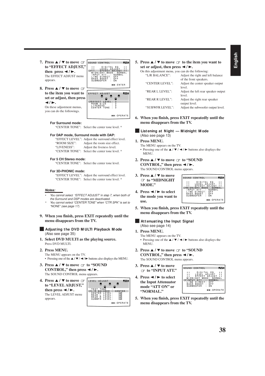 JVC RX-8012VSL manual Press 5/ to move to Effect ADJUST, then press 2, Select DVD Multi as the playing source 