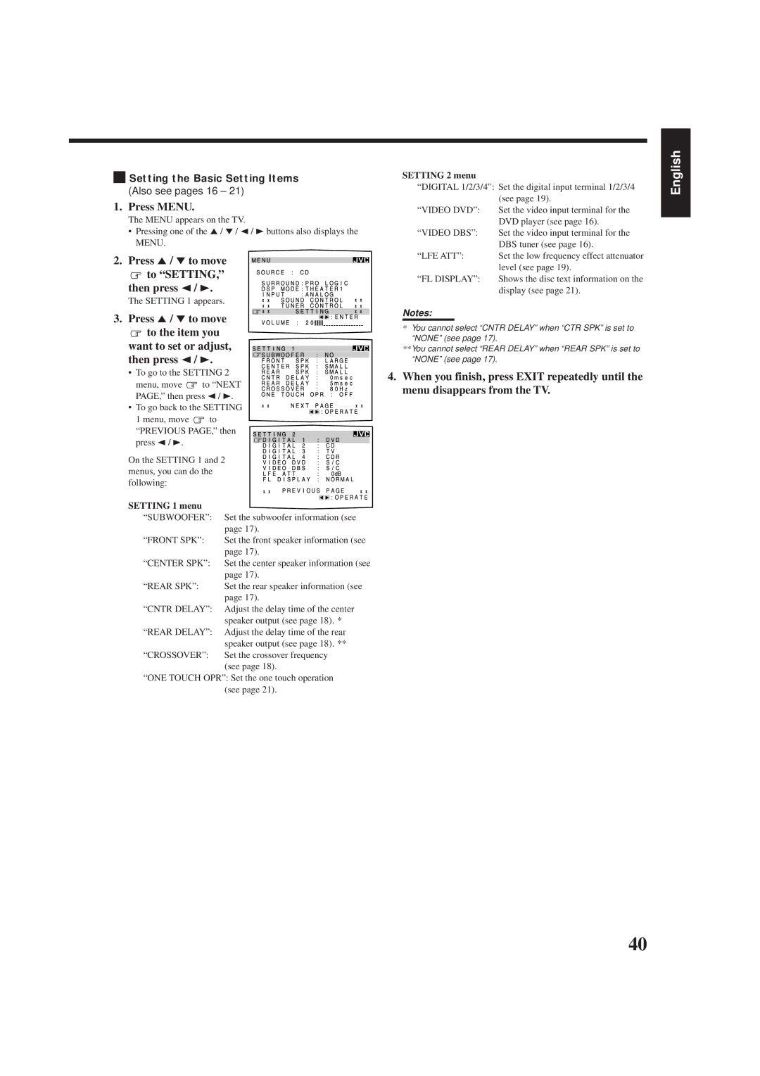 JVC RX-8012VSL manual Press 5 / to move To Setting Then press 2, To the item you want to set or adjust, then press 2 