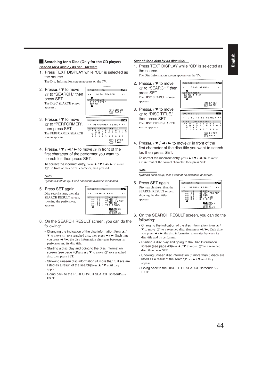 JVC RX-8012VSL manual Press Text Display while CD is selected as the source, Press 5 / to move to SEARCH, then Press SET 