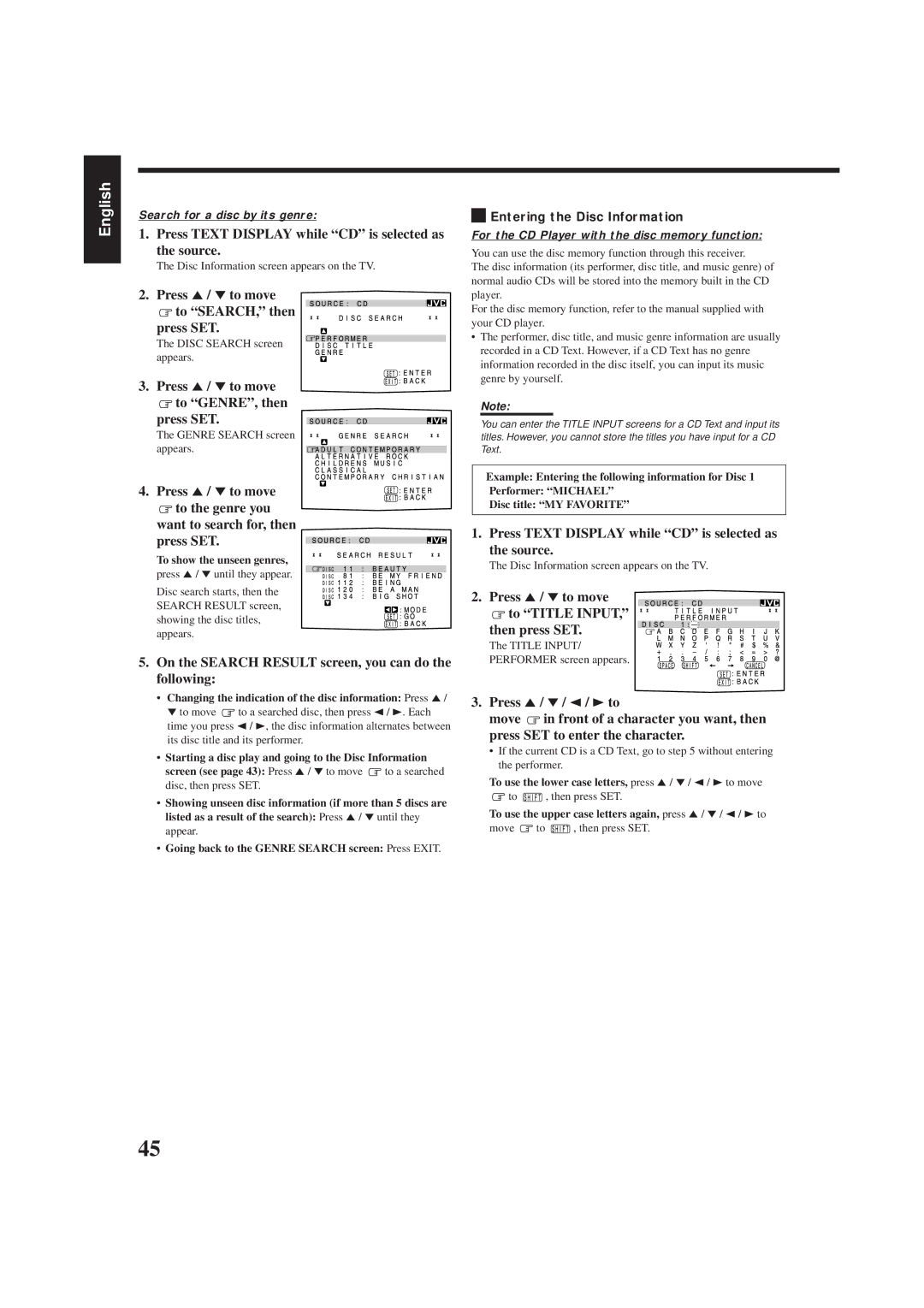 JVC RX-8012VSL manual Press 5/ to move to GENRE, then Press SET, Press 5/ to move to Title Input Then press SET 