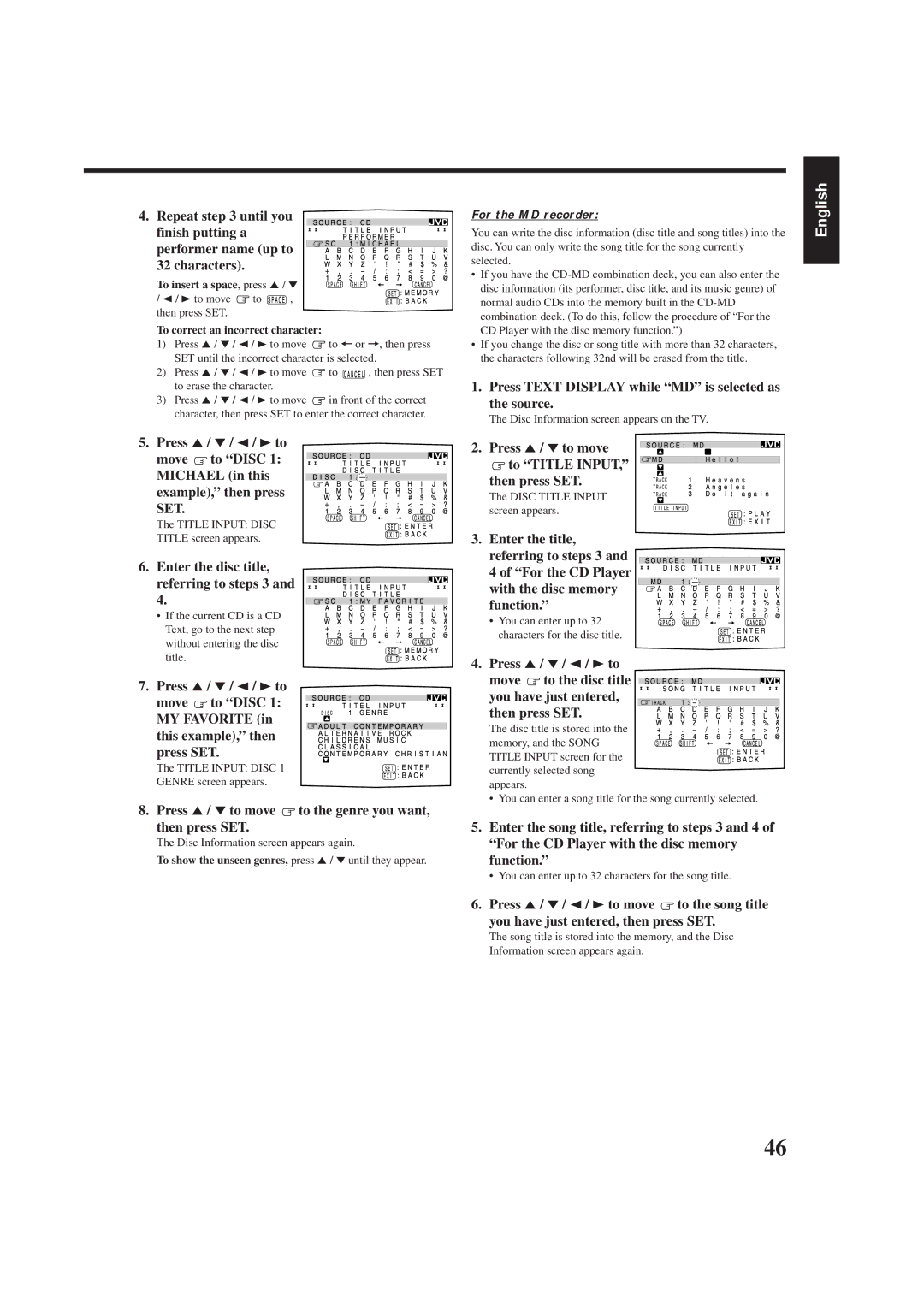 JVC RX-8012VSL manual Press 5/ / 2/ 3to, Press Text Display while MD is selected as the source, Press 5/ to move 