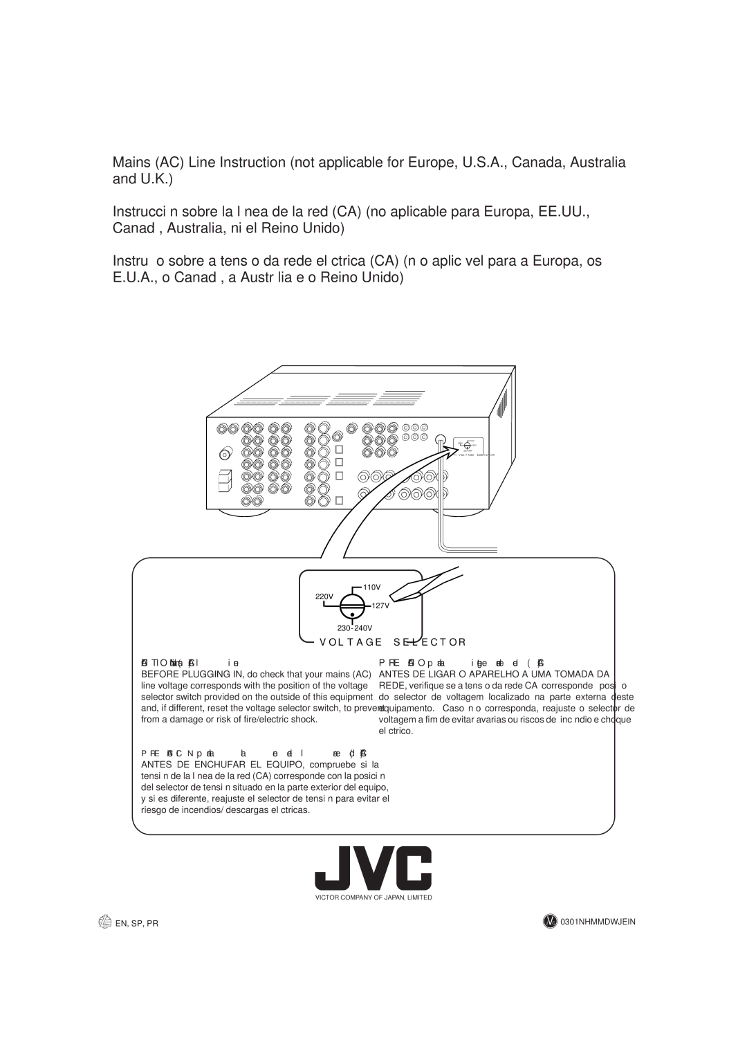 JVC RX-8012VSL manual Voltage Selector, Precaução para a ligação à tensão da rede CA, Precaución para la línea de la red CA 