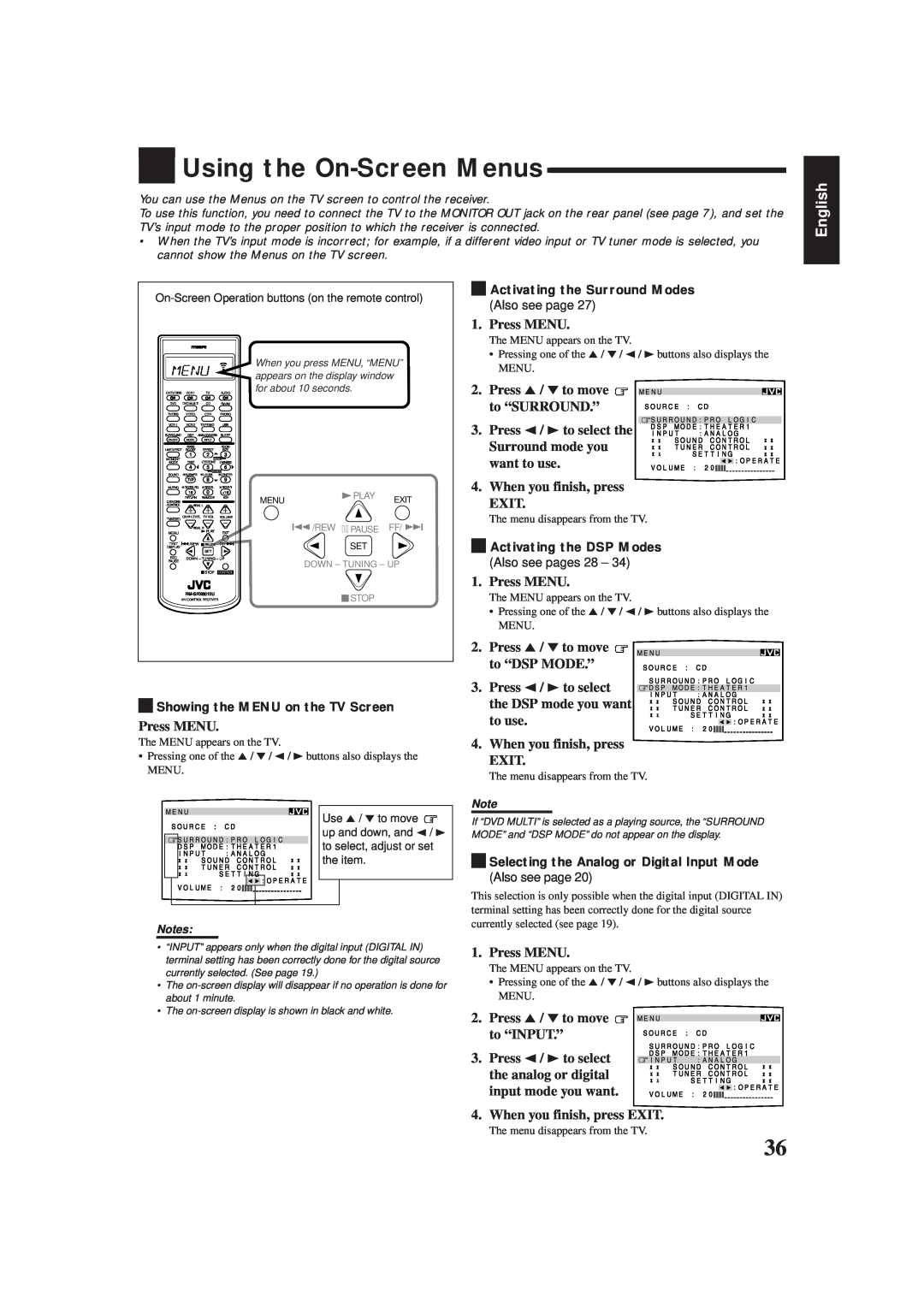 JVC RX-8012VSL manual Using the On-ScreenMenus, English 