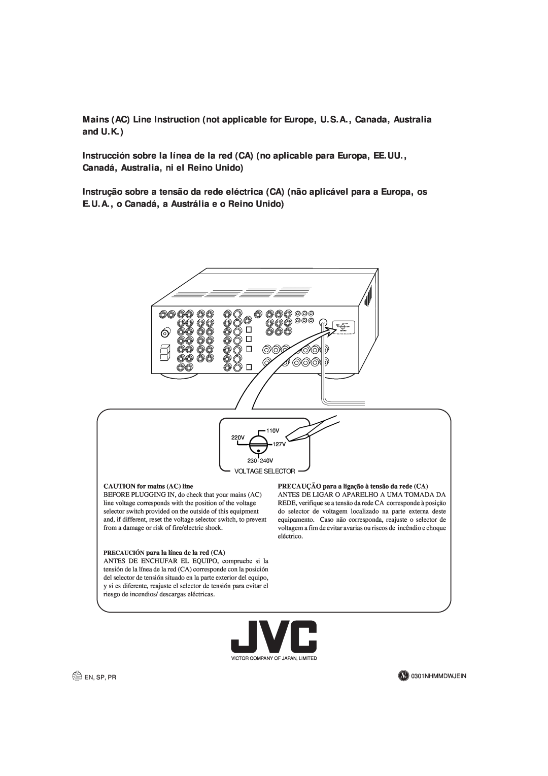 JVC RX-8012VSL manual Voltage Selector, CAUTION for mains AC line, PRECAUÇÃO para a ligação à tensão da rede CA 