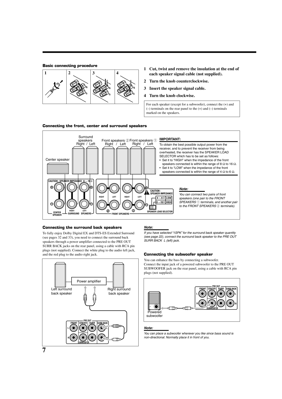 JVC RX-8020VBK manual Basic connecting procedure, Connecting the front, center and surround speakers 