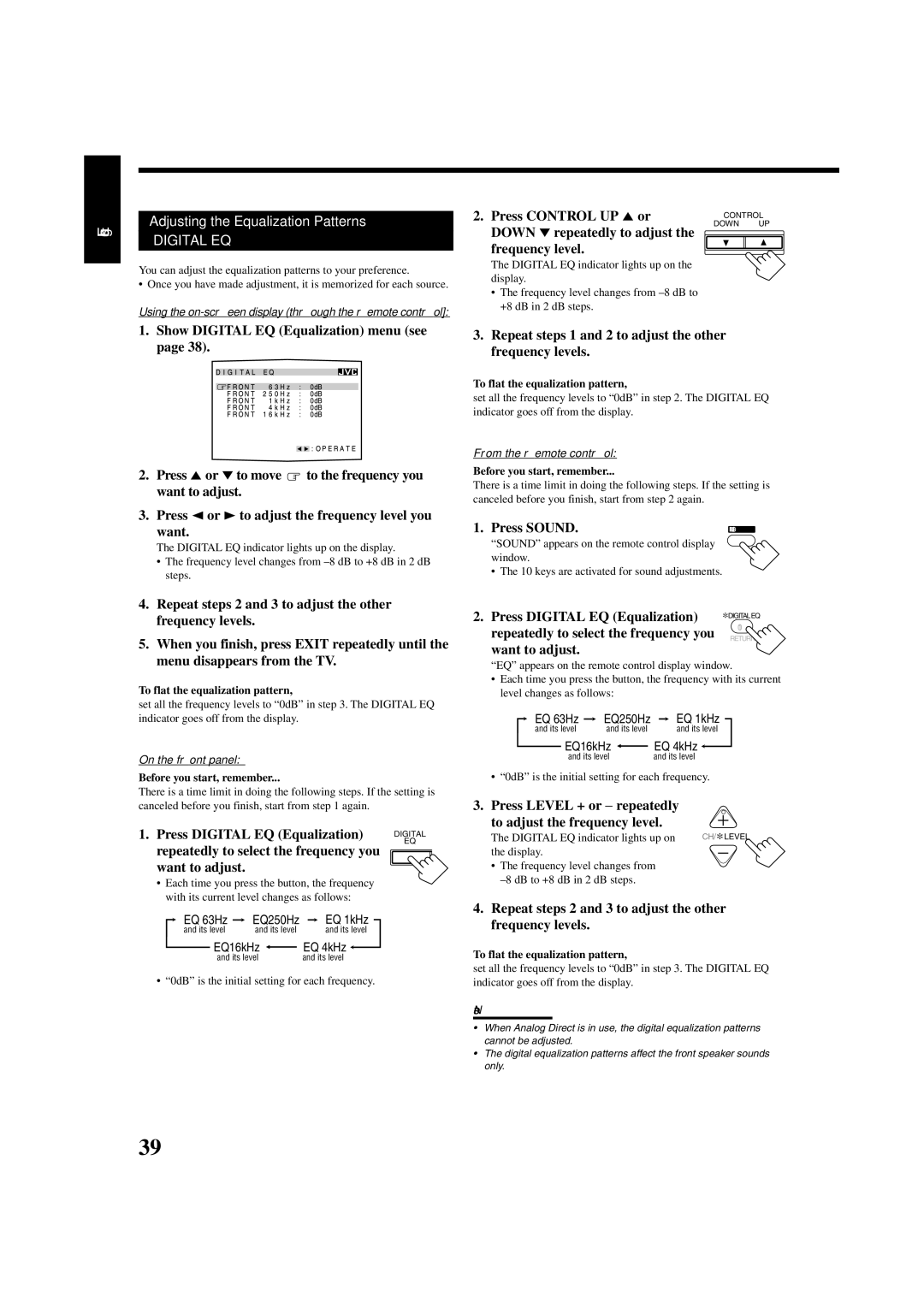 JVC RX-8020VBK manual Adjusting the Equalization Patterns, 0dB is the initial setting for each frequency 