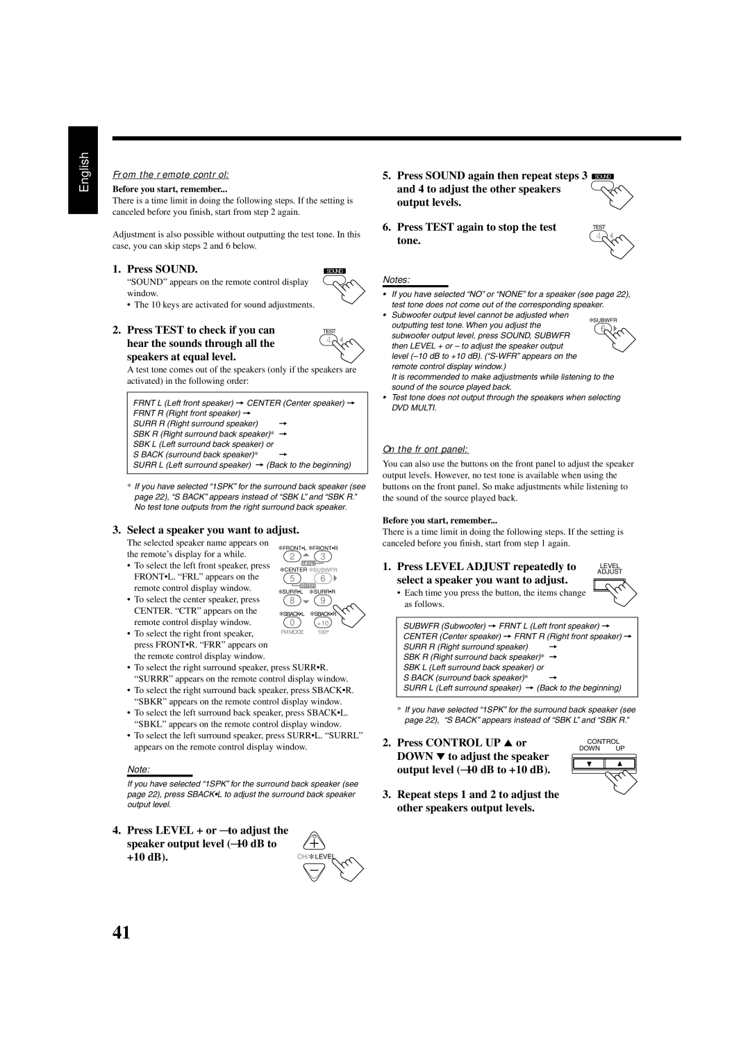 JVC RX-8020VBK manual Down ∞ to adjust the speaker, Output level -10 dB to +10 dB 