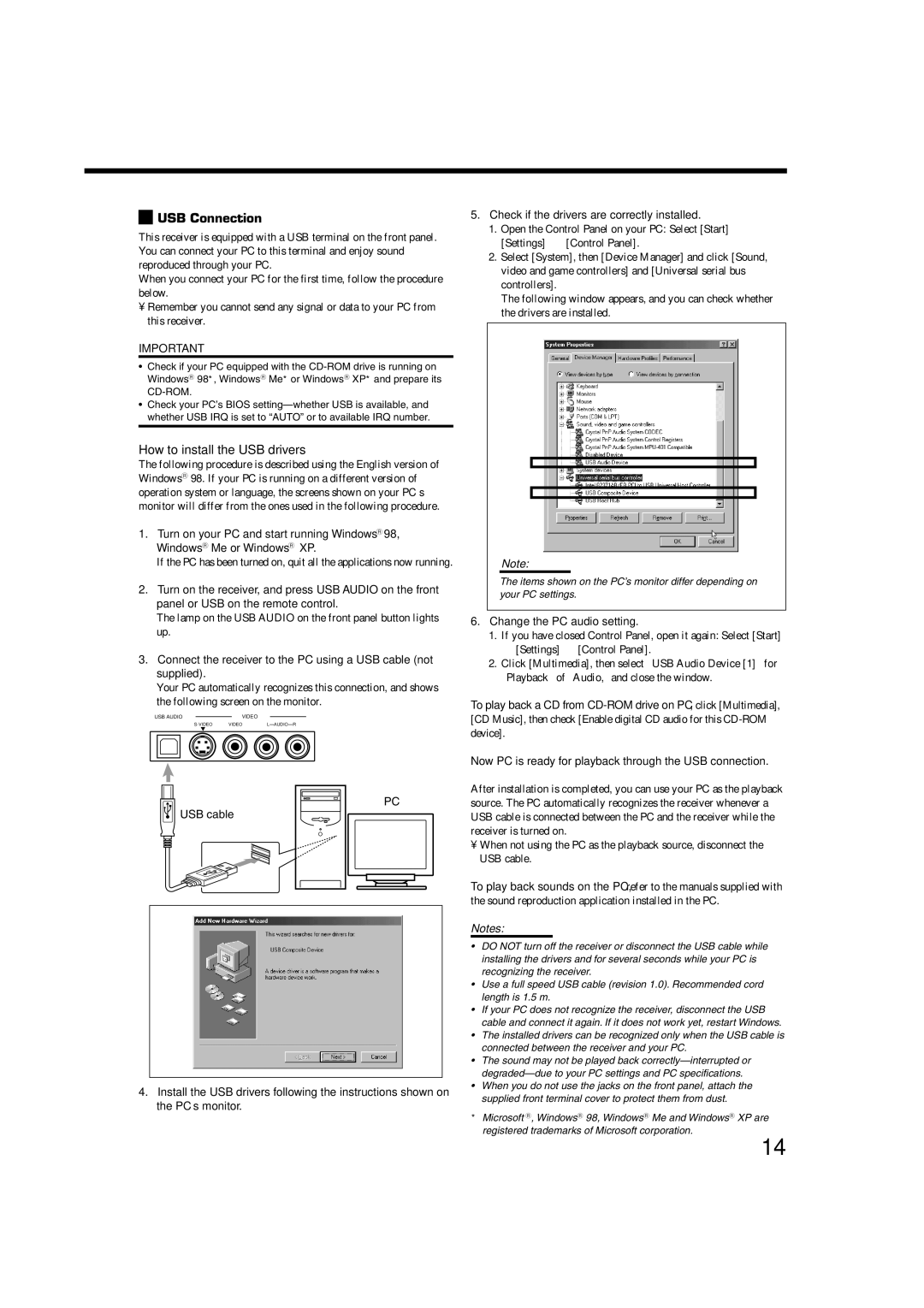 JVC RX-8020VBK manual USB Connection, Lamp on the USB Audio on the front panel button lights up, USB cable 