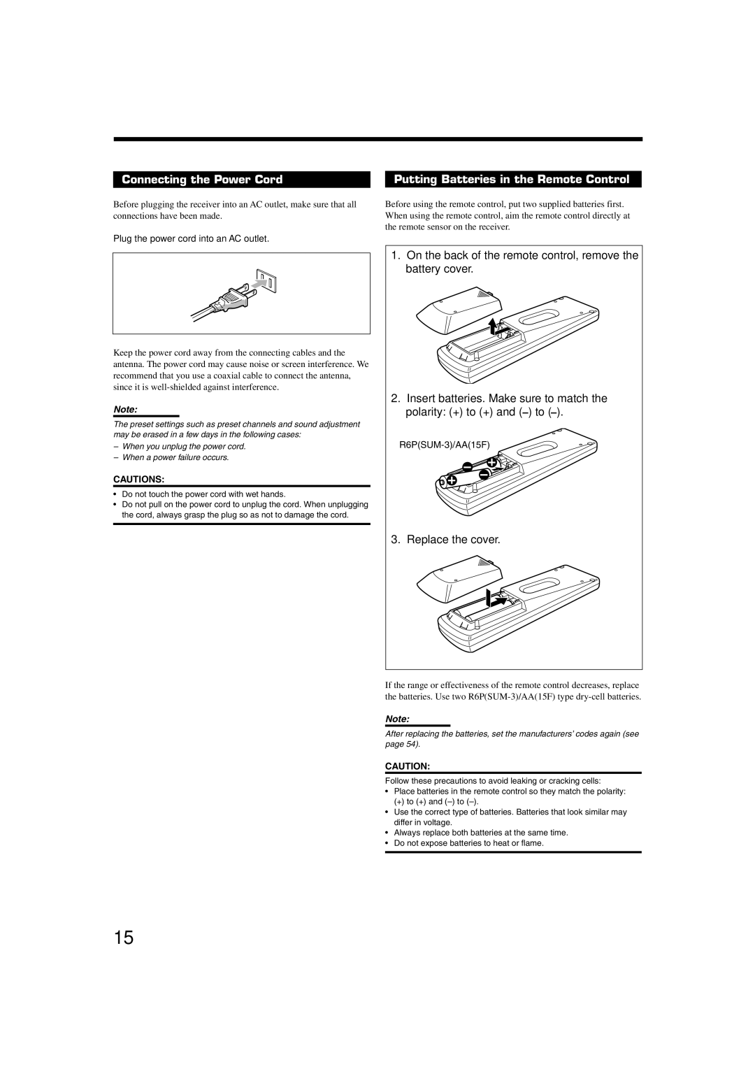 JVC RX-8020VBK manual Connecting the Power Cord, Putting Batteries in the Remote Control, Replace the cover, R6PSUM-3/AA15F 