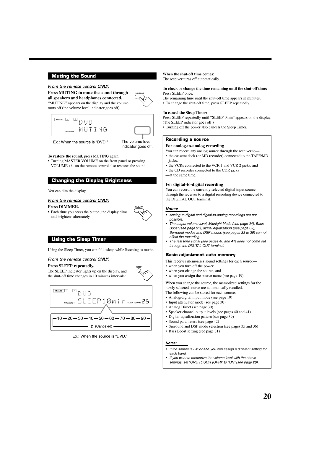 JVC RX-8020VBK manual Muting the Sound, Changing the Display Brightness, Using the Sleep Timer, Recording a source 